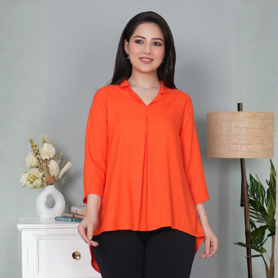 Spicy orange rayon collar top [ Premium 100% Rayon, Liva Certified ]