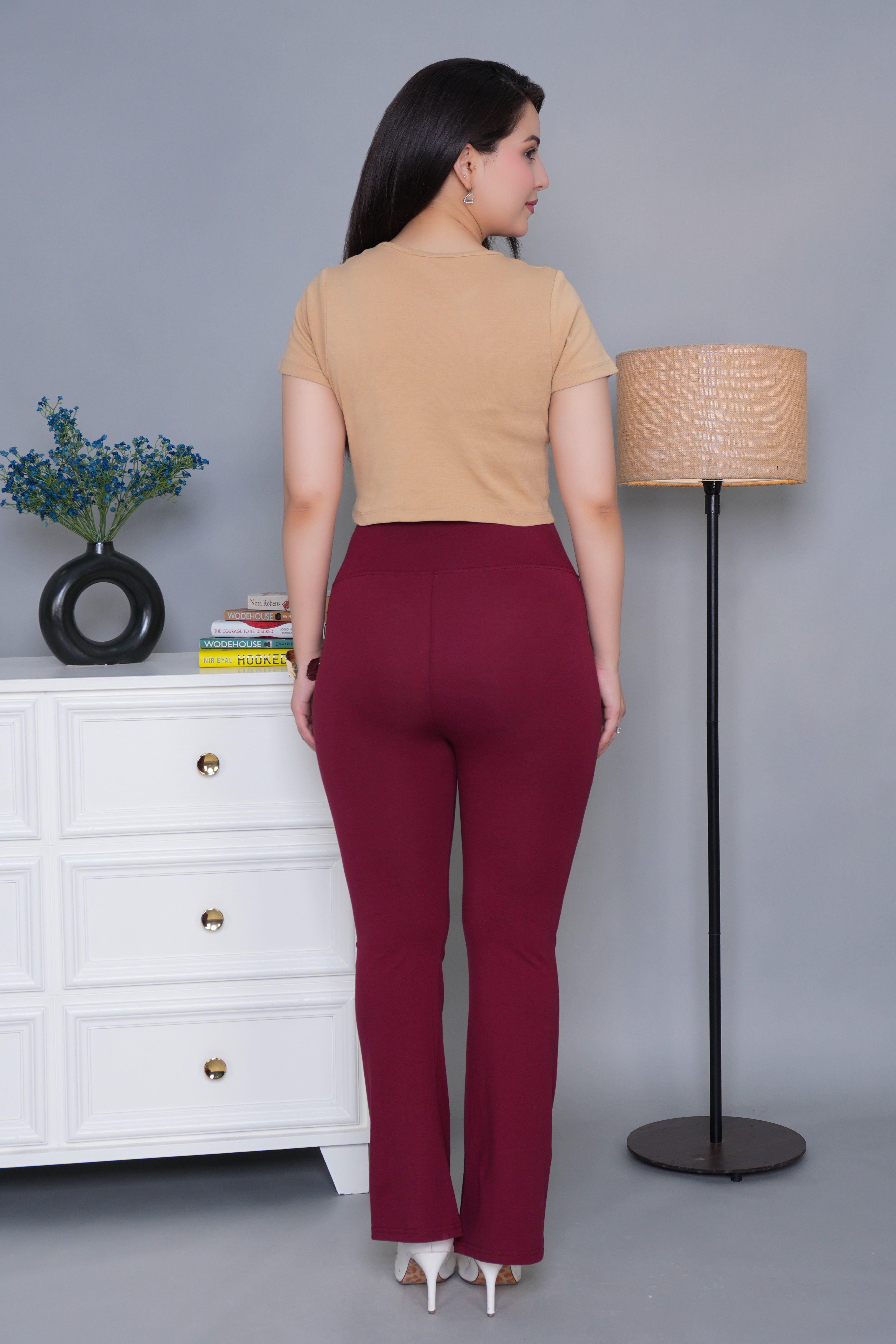 Wine stretchable biowash cotton lycra flare legging with superior elastic belt.