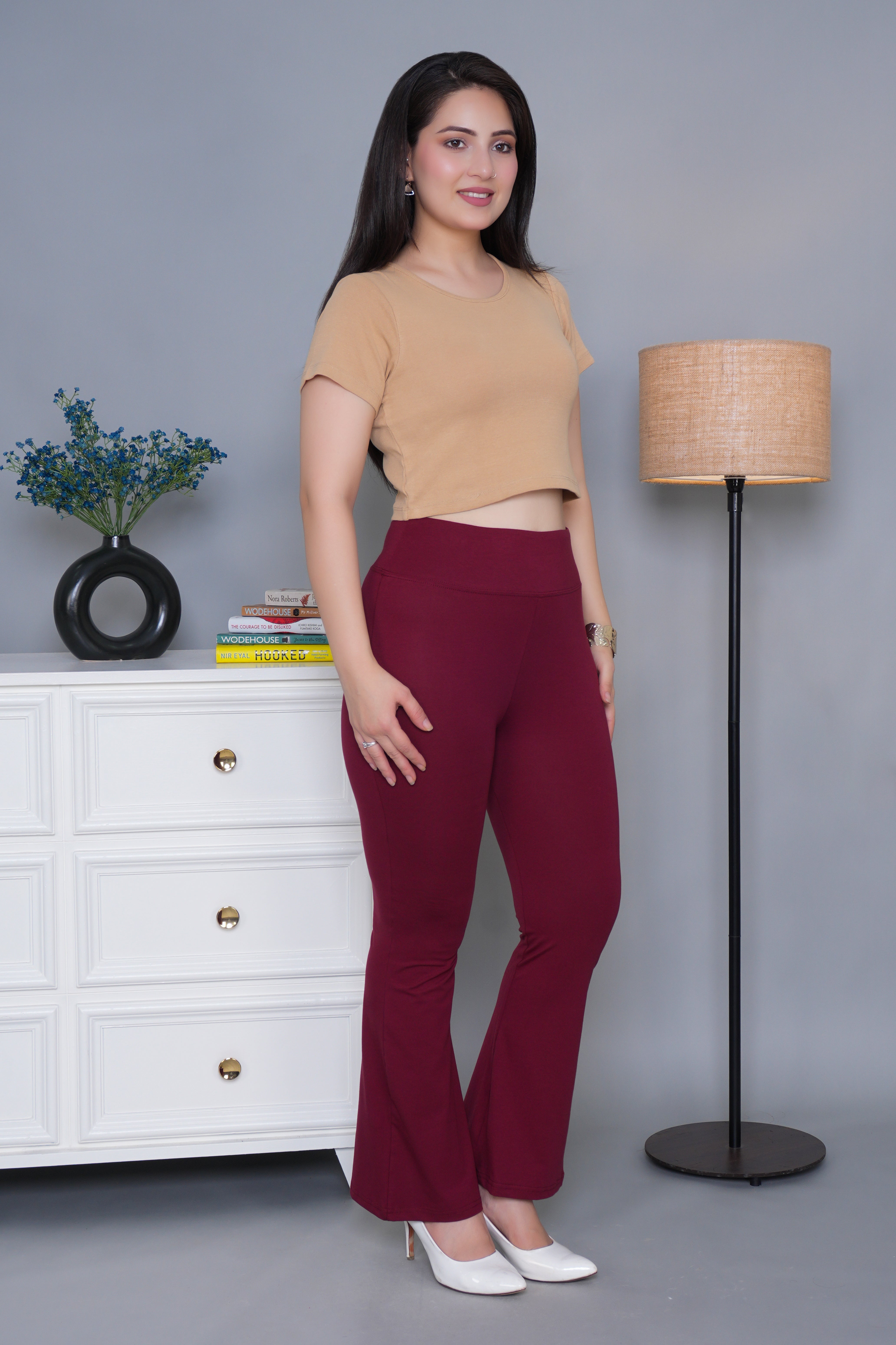 Wine stretchable biowash cotton lycra flare legging with superior elastic belt.