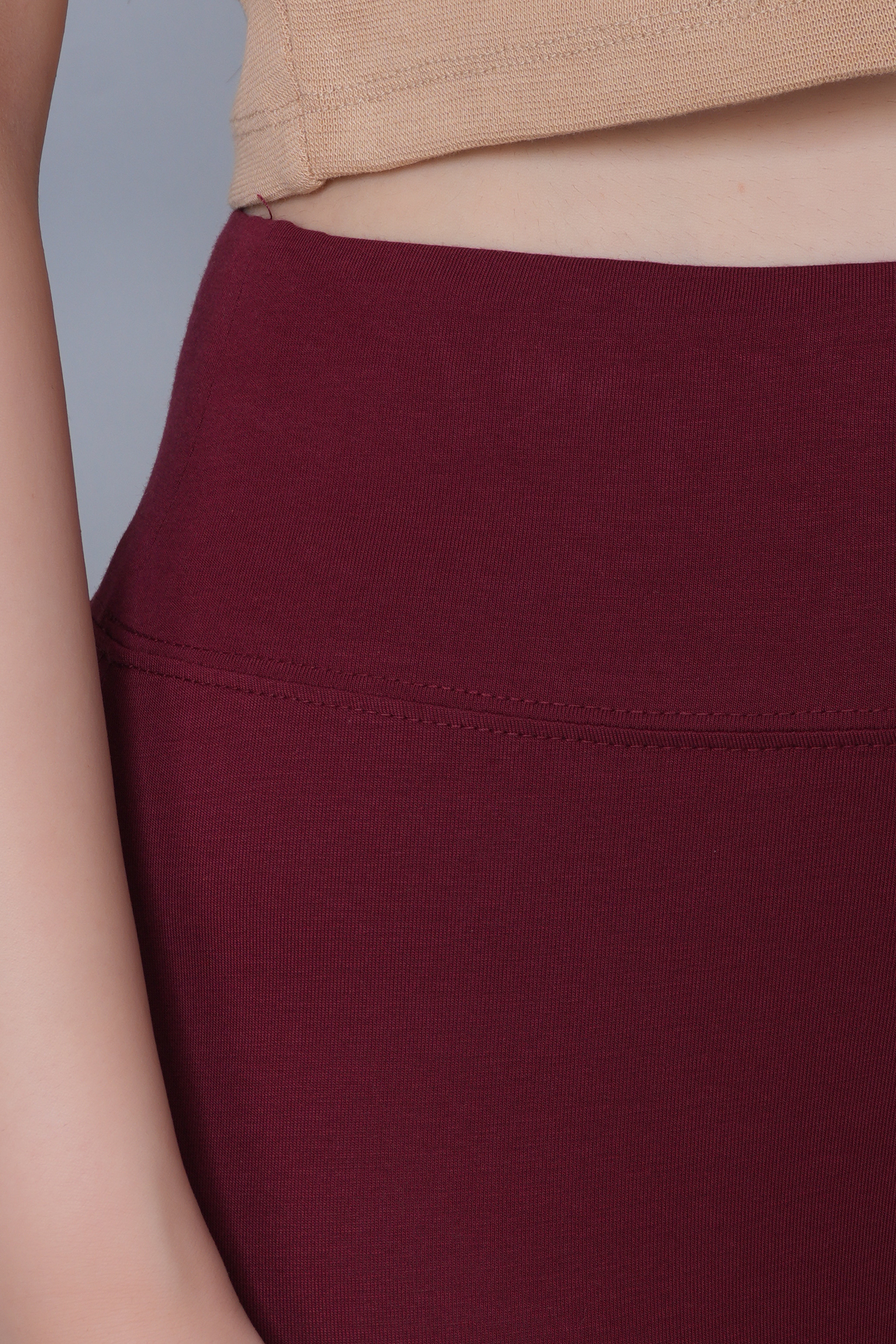 Wine stretchable biowash cotton lycra flare legging with superior elastic belt.