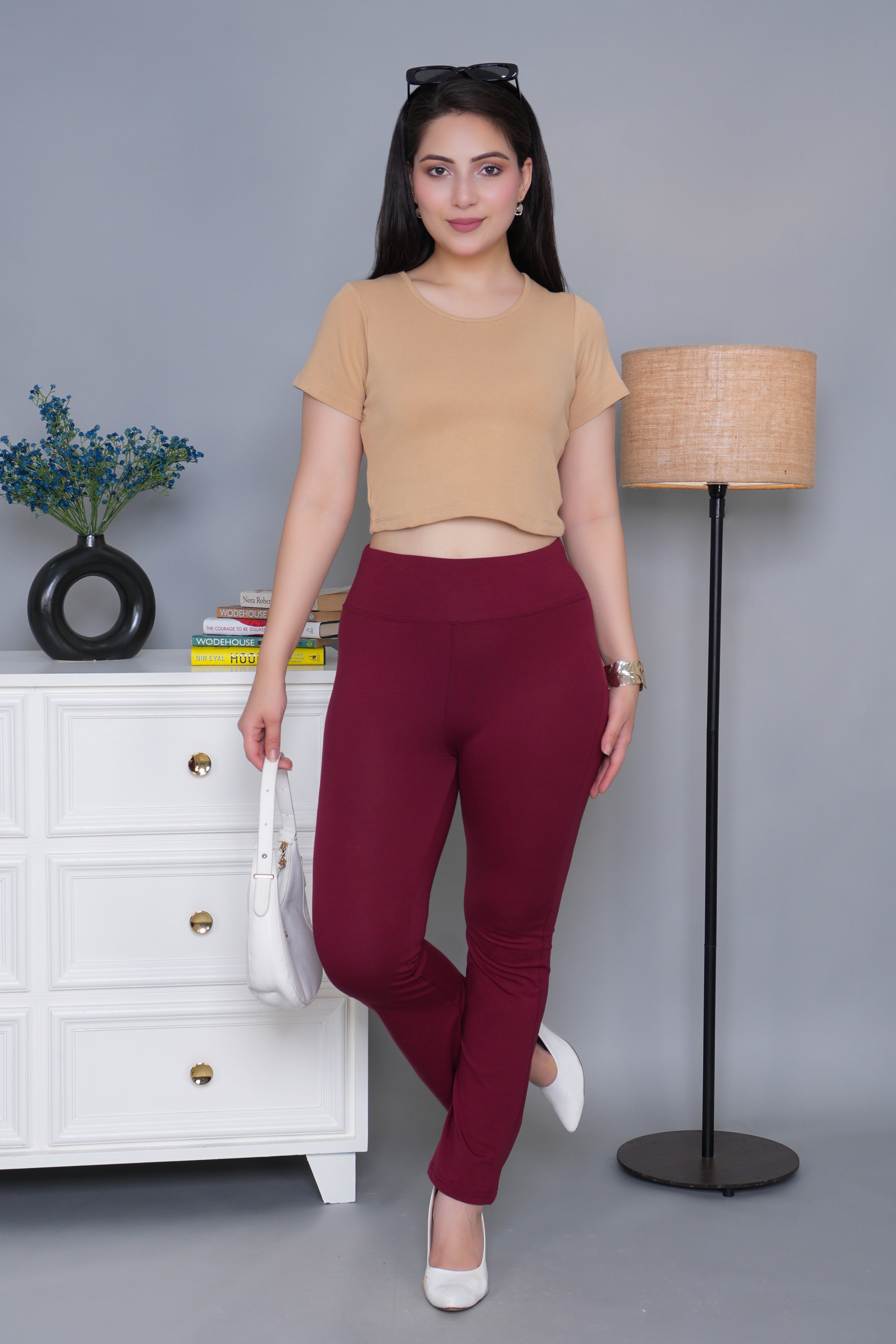 Wine stretchable biowash cotton lycra flare legging with superior elastic belt.