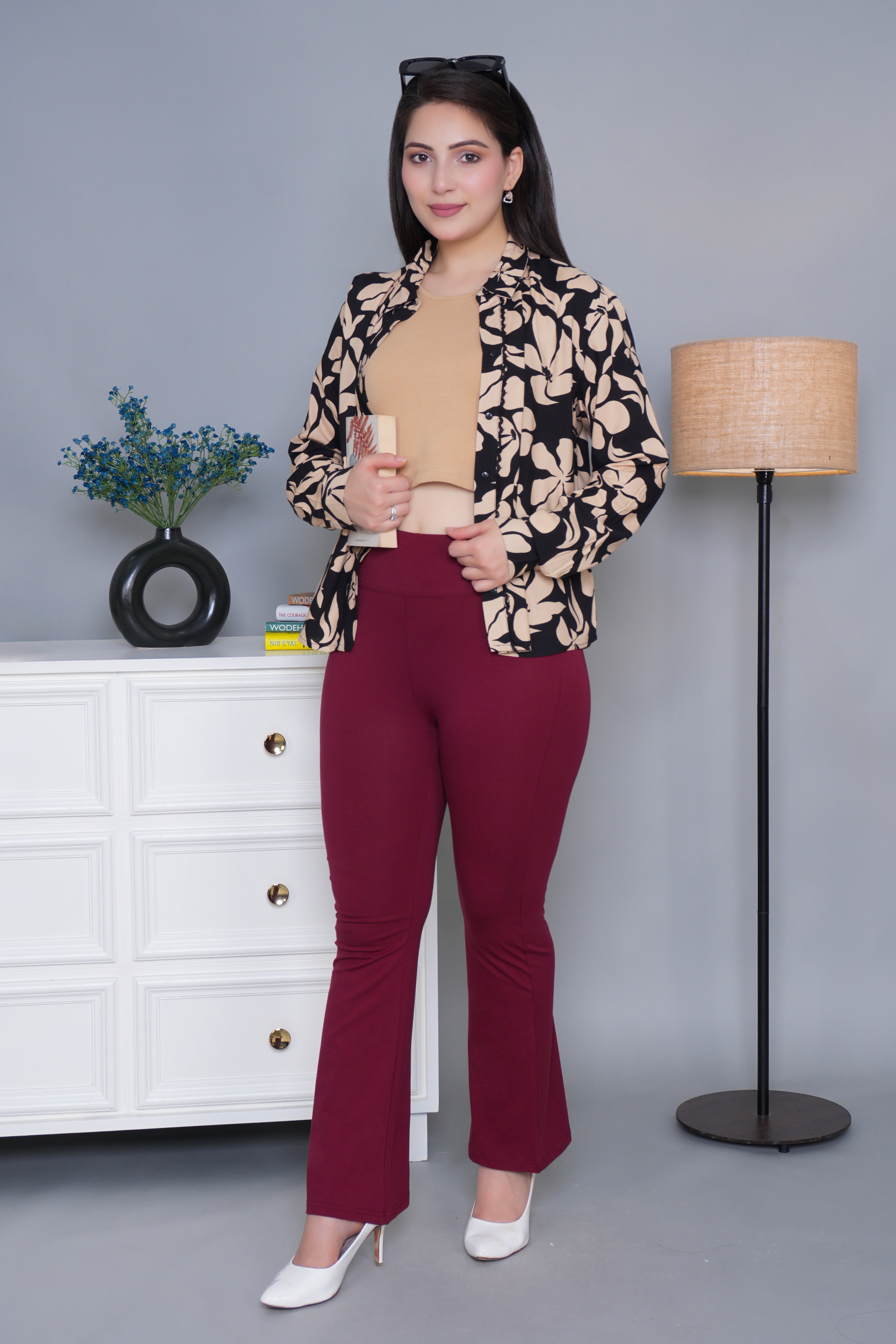 Wine stretchable biowash cotton lycra flare legging with superior elastic belt.