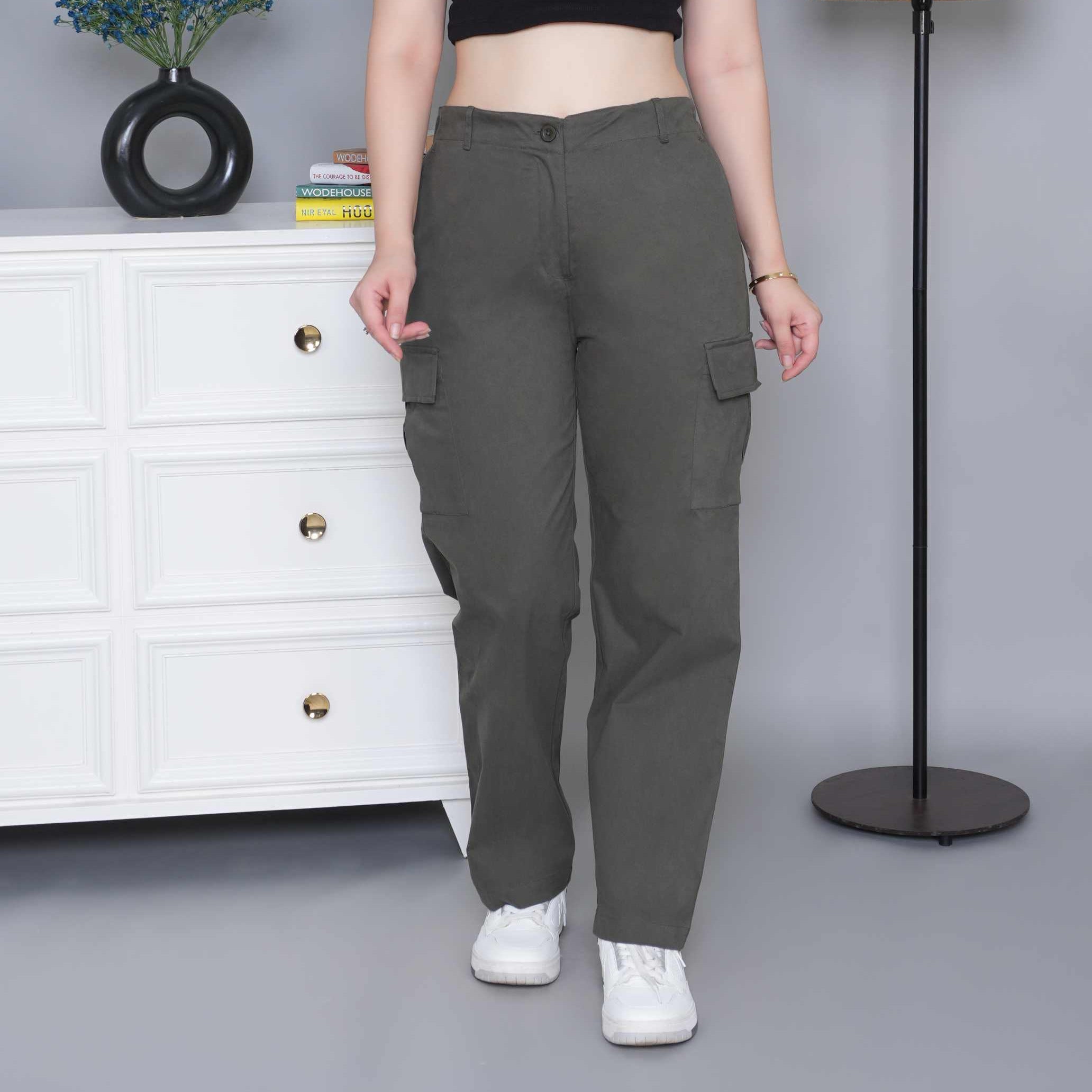 Khakhi green stretchable biowash USA HQ cotton travel cargo pant with superior elastic belt.