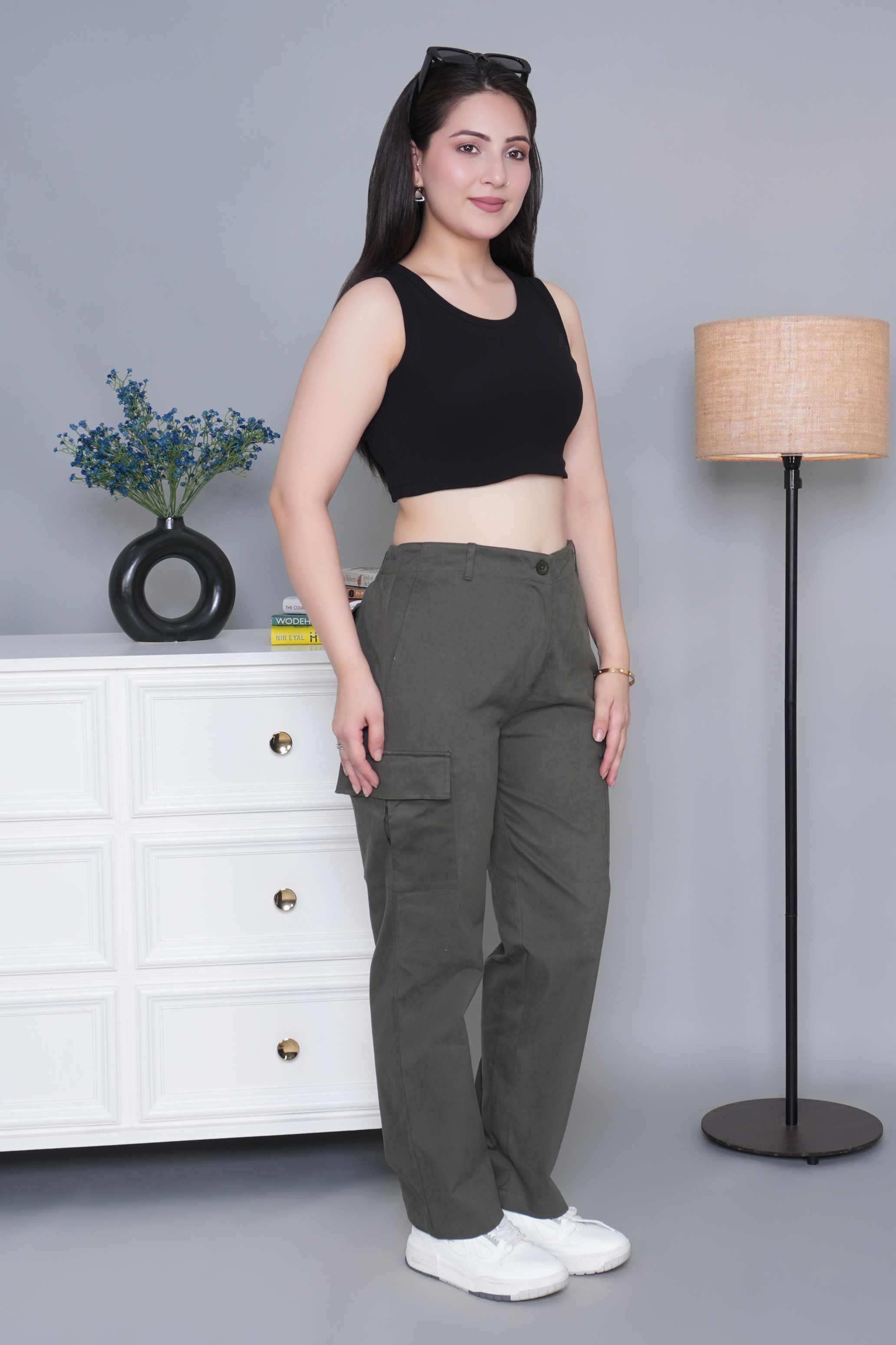 Khakhi green stretchable biowash USA HQ cotton travel cargo pant with superior elastic belt.