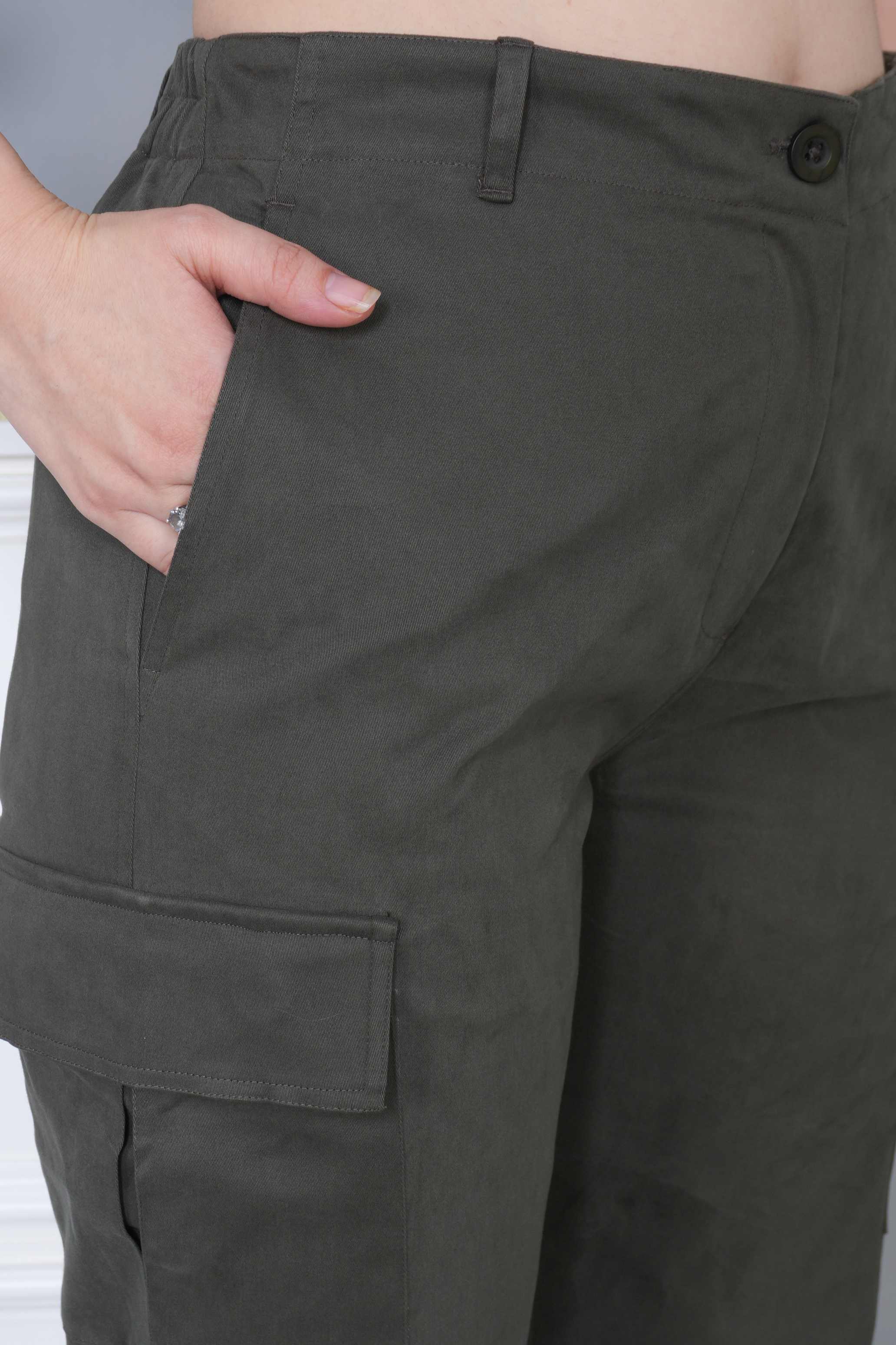 Khakhi green stretchable biowash USA HQ cotton travel cargo pant with superior elastic belt.