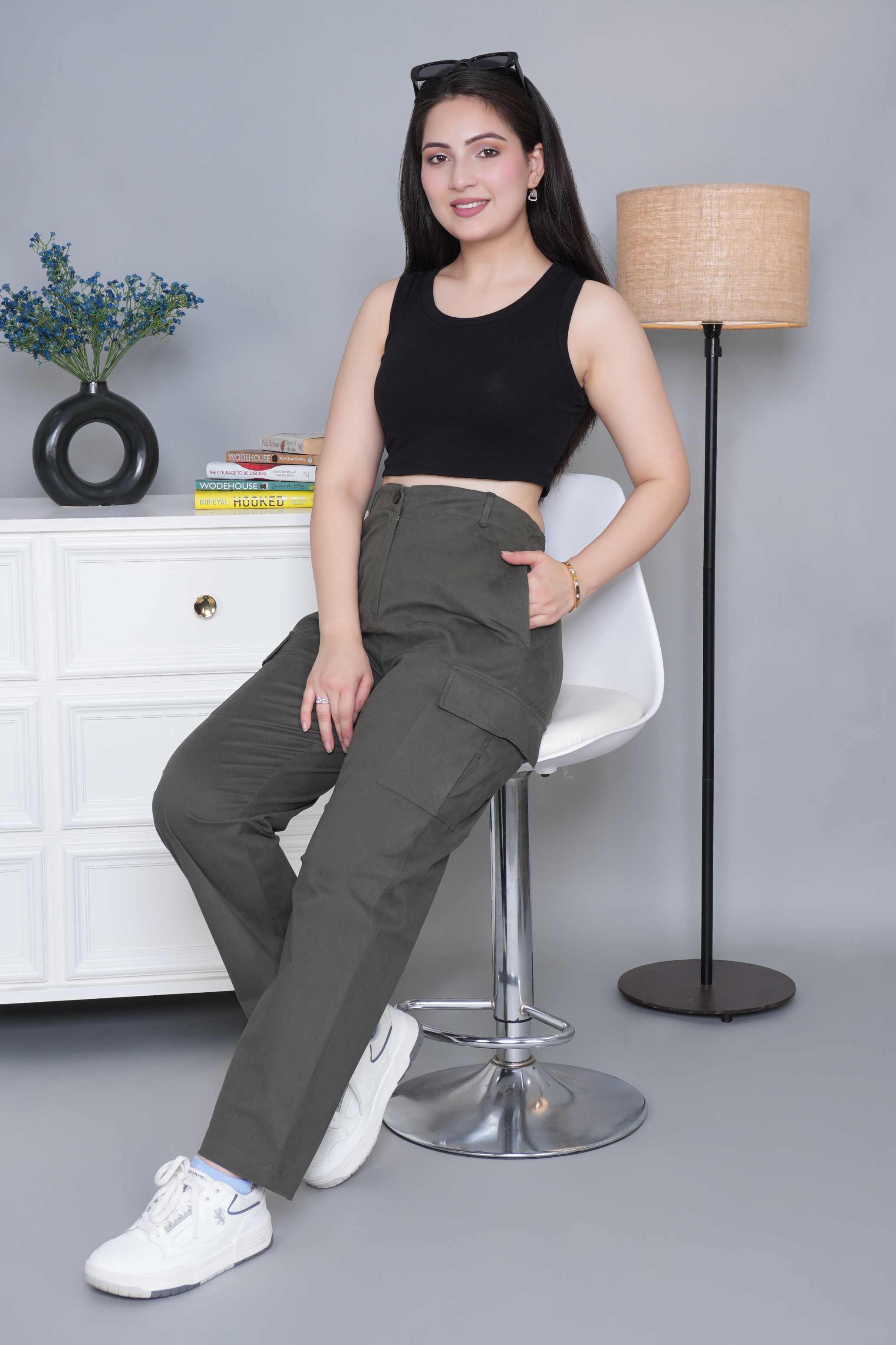 Khakhi green stretchable biowash USA HQ cotton travel cargo pant with superior elastic belt.