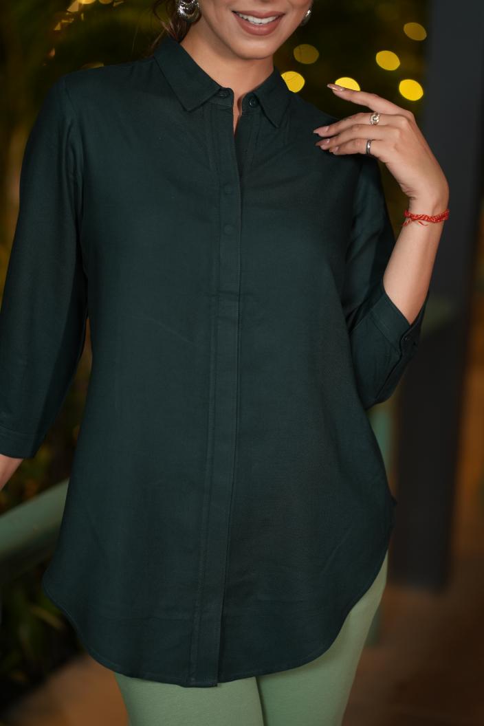 Bottle green long hemline shirt [ 100% Rayon, Liva Certified ]