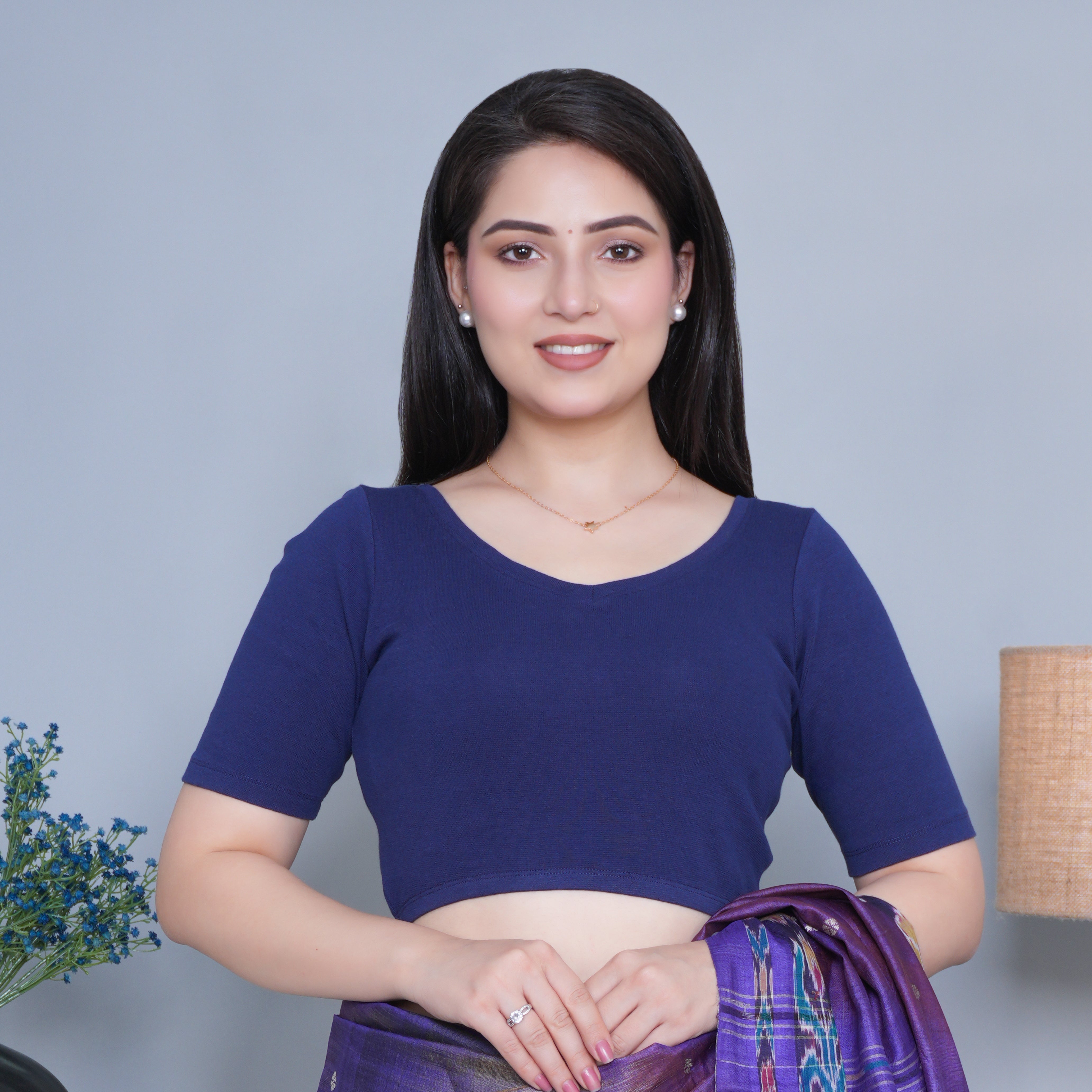 Navy Rib Blouse [ 100% USA HQ Cotton, 280 GSM non transparent fabric ]