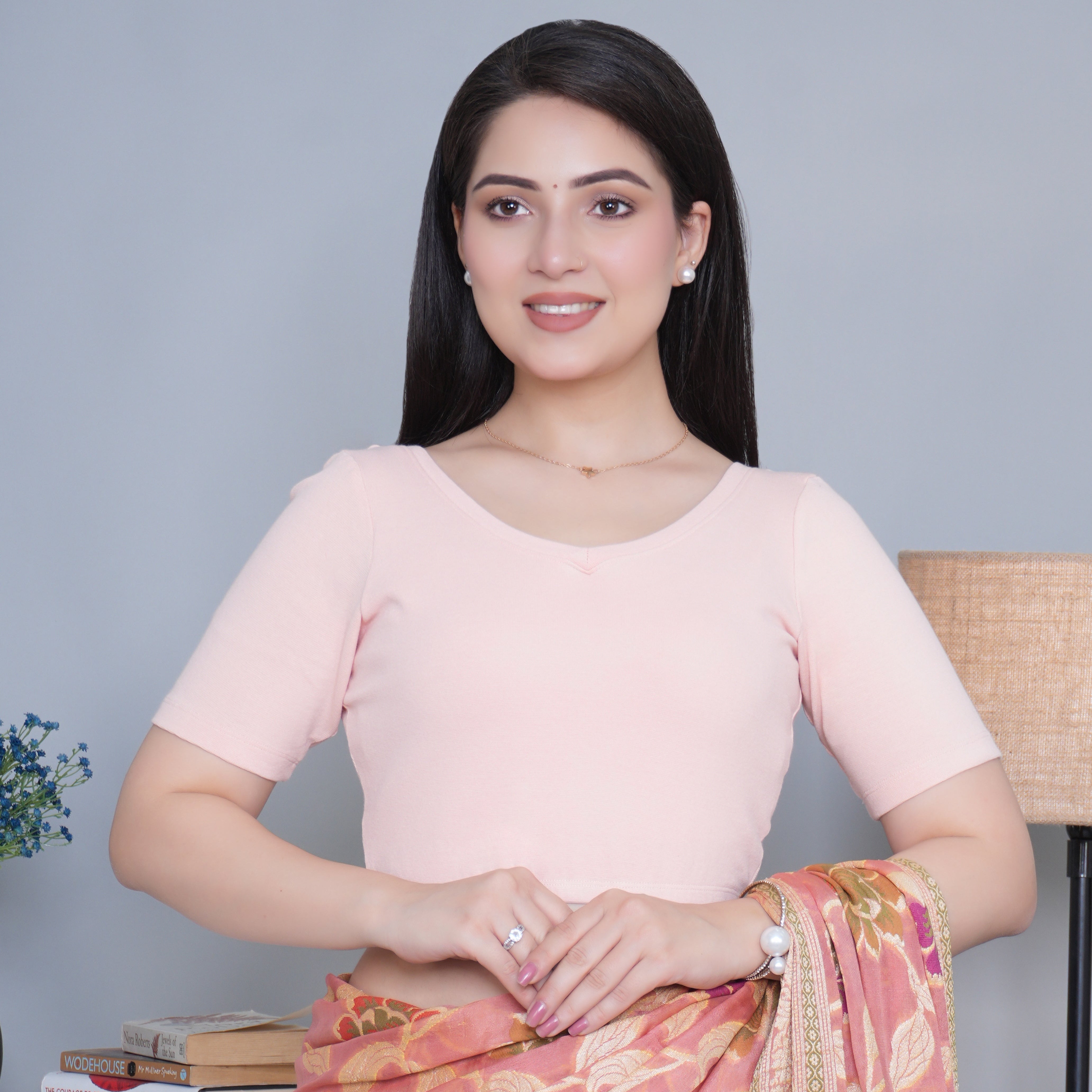 Salmon Pink Rib Blouse [ 100% USA HQ Cotton, 280 GSM non transparent fabric ]