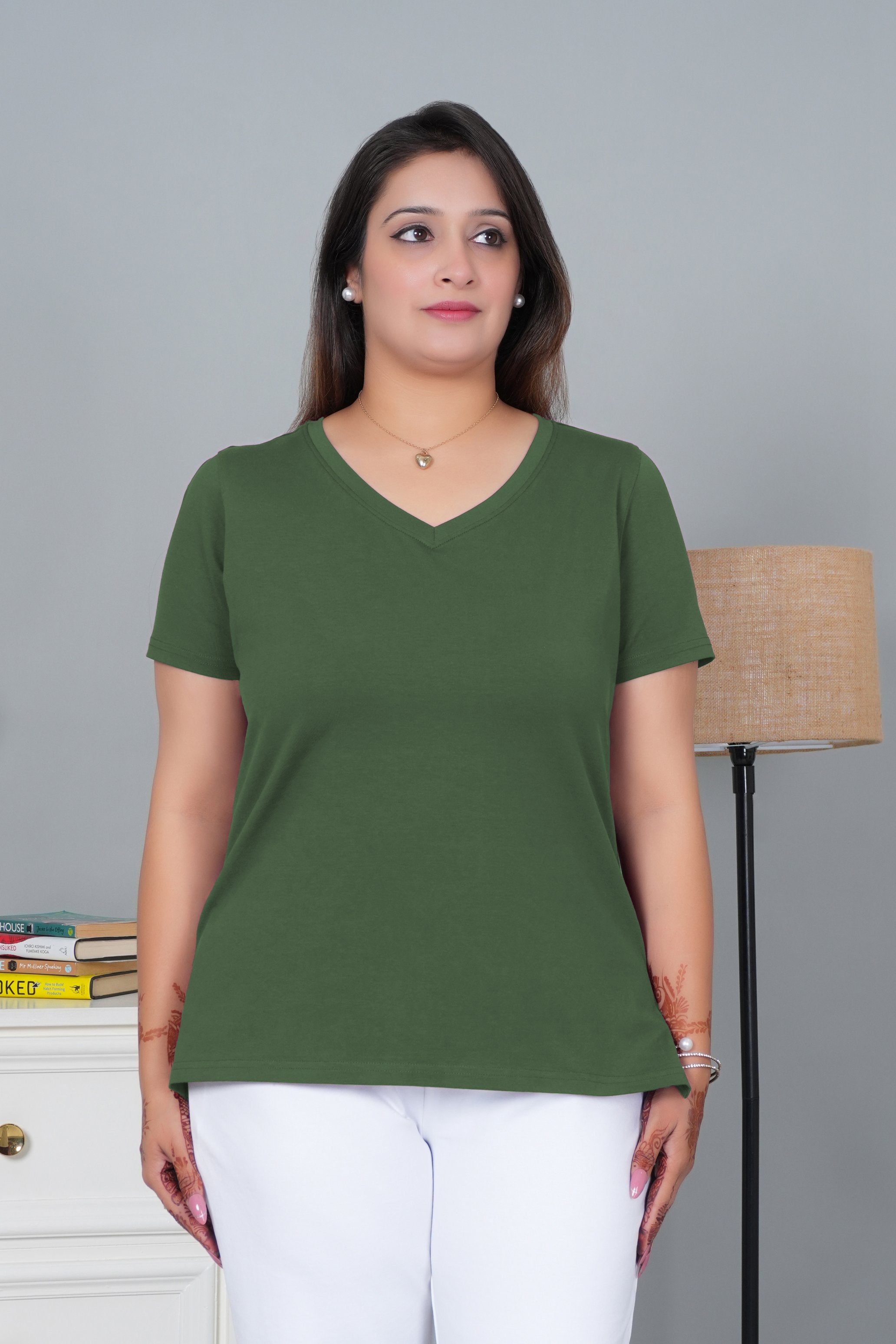 Olive V-neck half-sleeve cotton lycra t-shirt