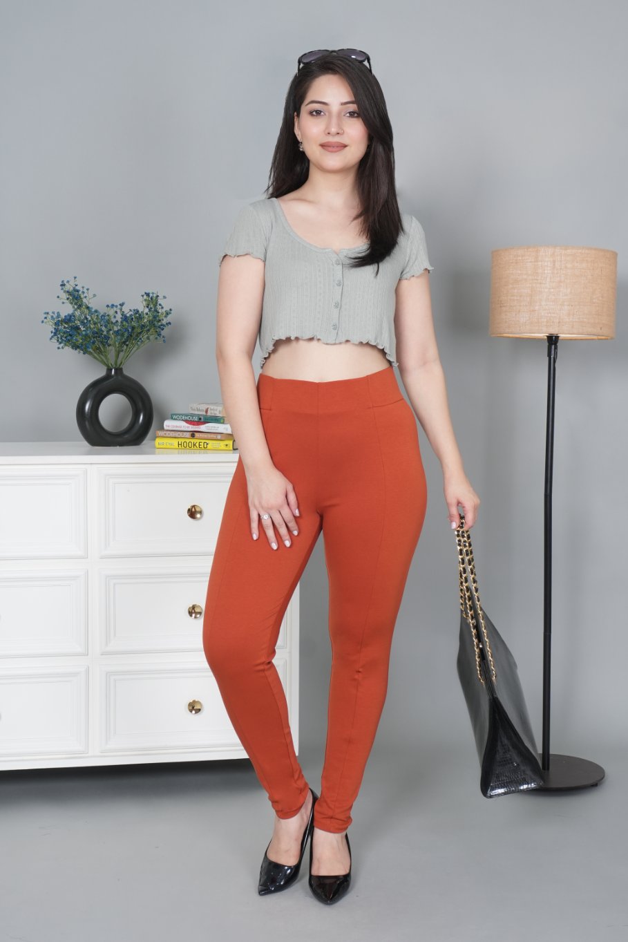 Rust stretchable biowash USA HQ cotton jegging pant with superior elastic belt.
