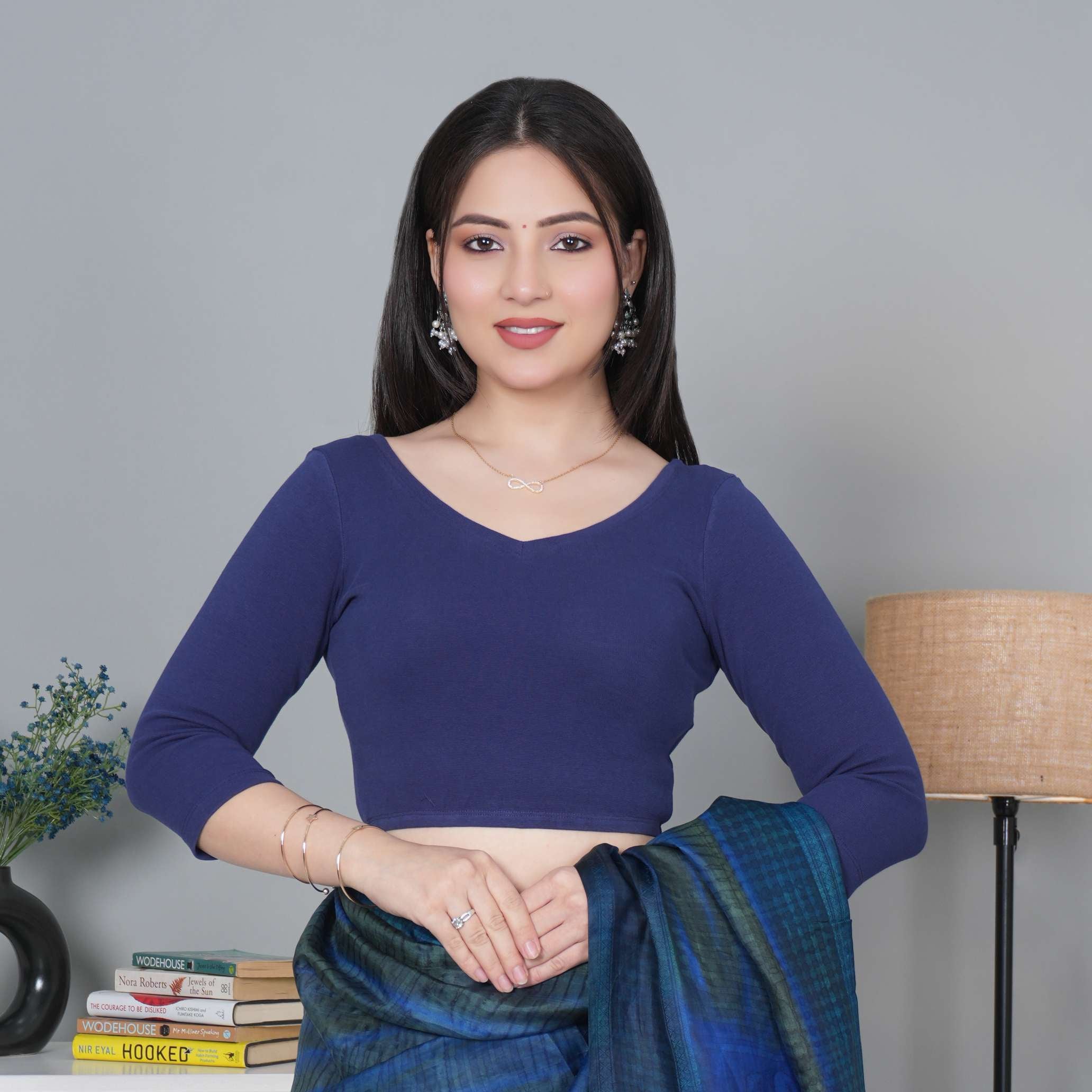 Navy Rib V Neck 3/4 Sleeve Blouse [ 100% USA HQ Cotton, 280 GSM non transparent fabric ]