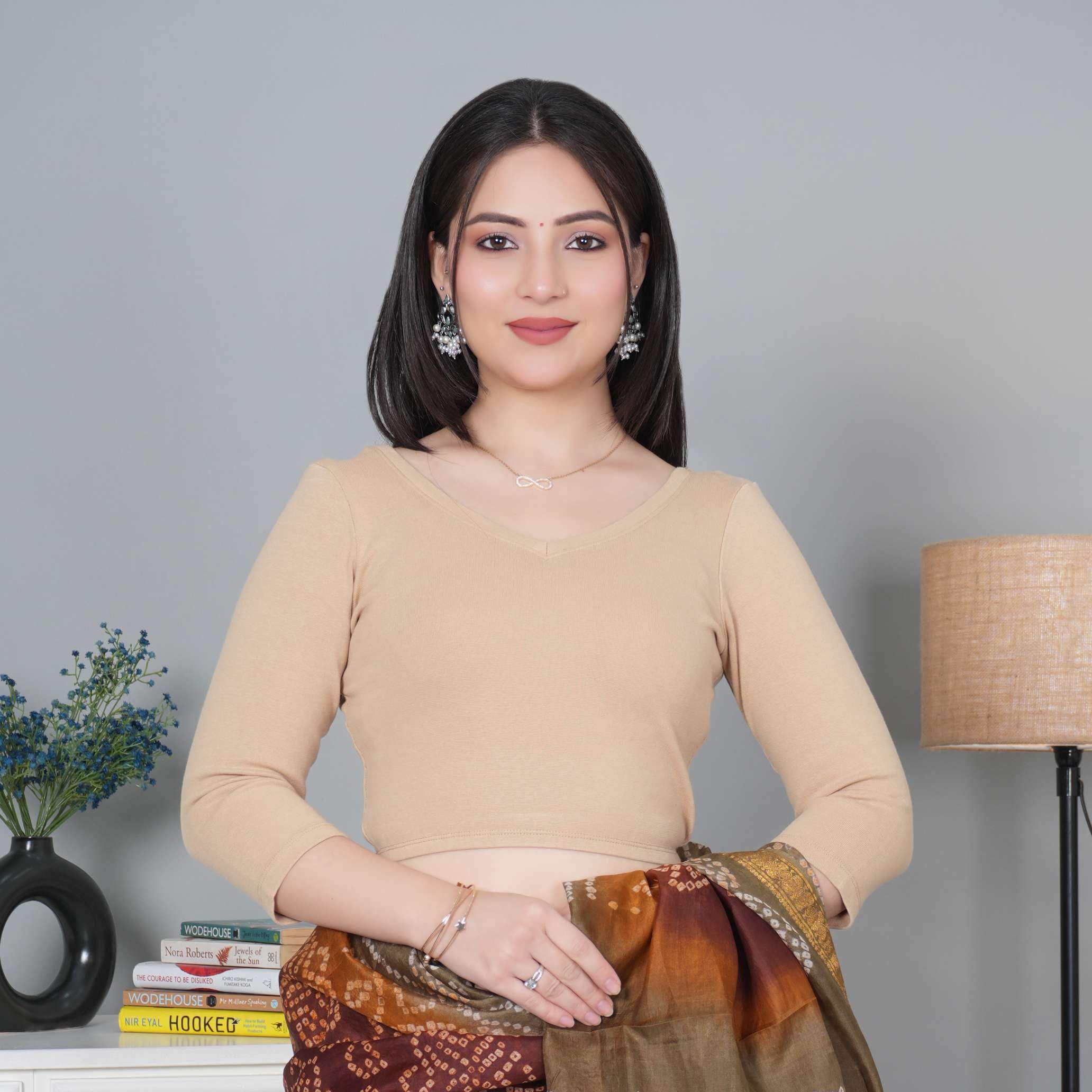 Beige Rib V Neck 3/4 Sleeve Blouse [ 100% USA HQ Cotton, 280 GSM non transparent fabric ]