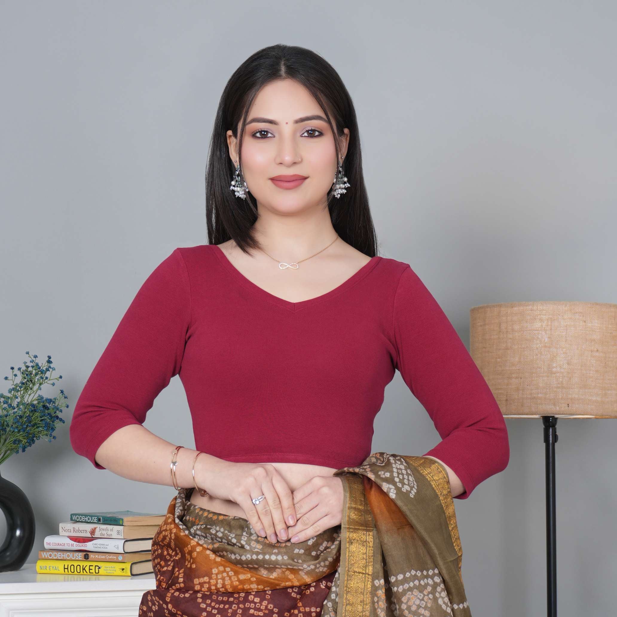 Dark rose Rib V Neck 3/4 Sleeve Blouse [ 100% USA HQ Cotton, 280 GSM non transparent fabric ]