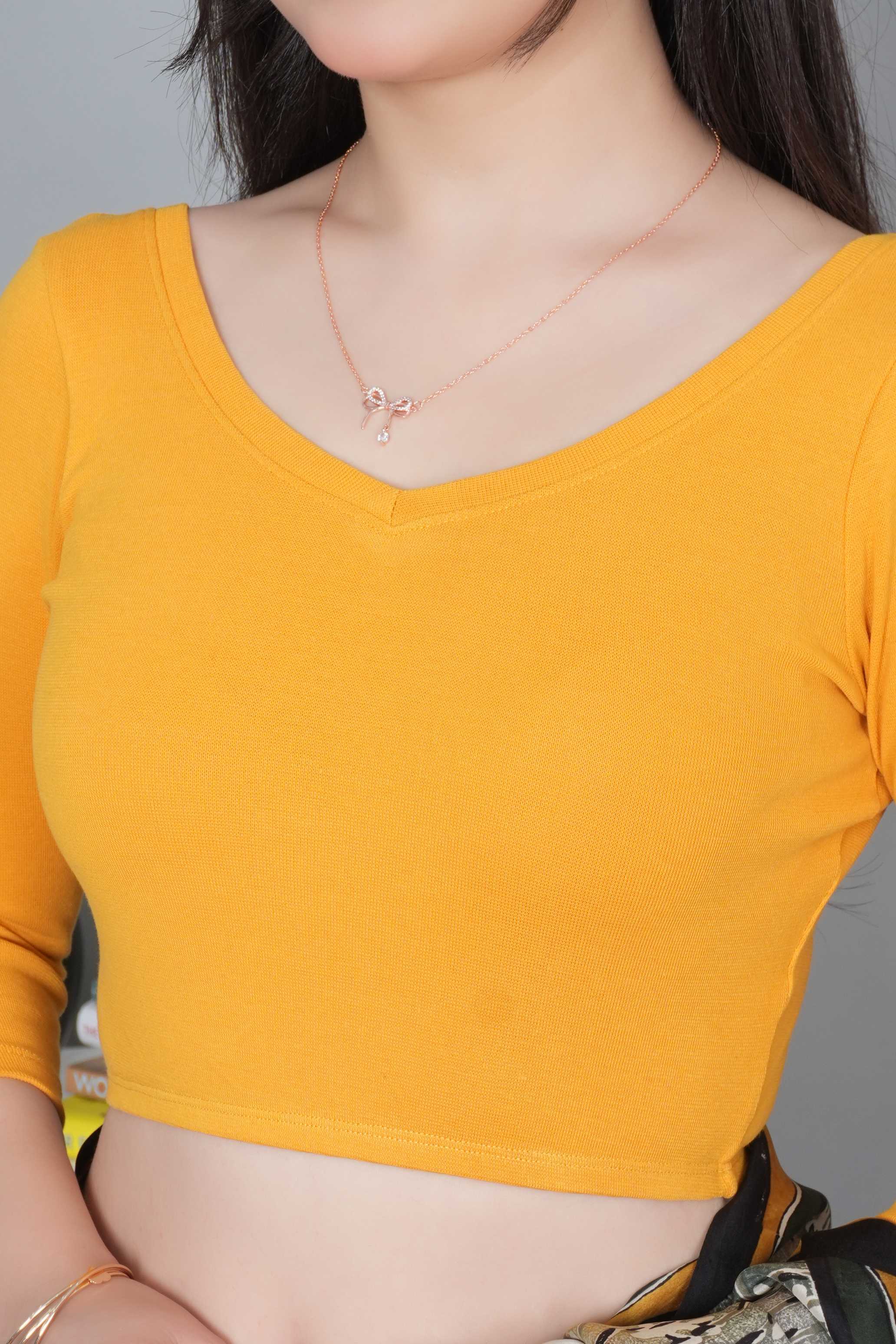 Mustard Rib V Neck 3/4 Sleeve Blouse [ 100% USA HQ Cotton, 280 GSM non transparent fabric ]
