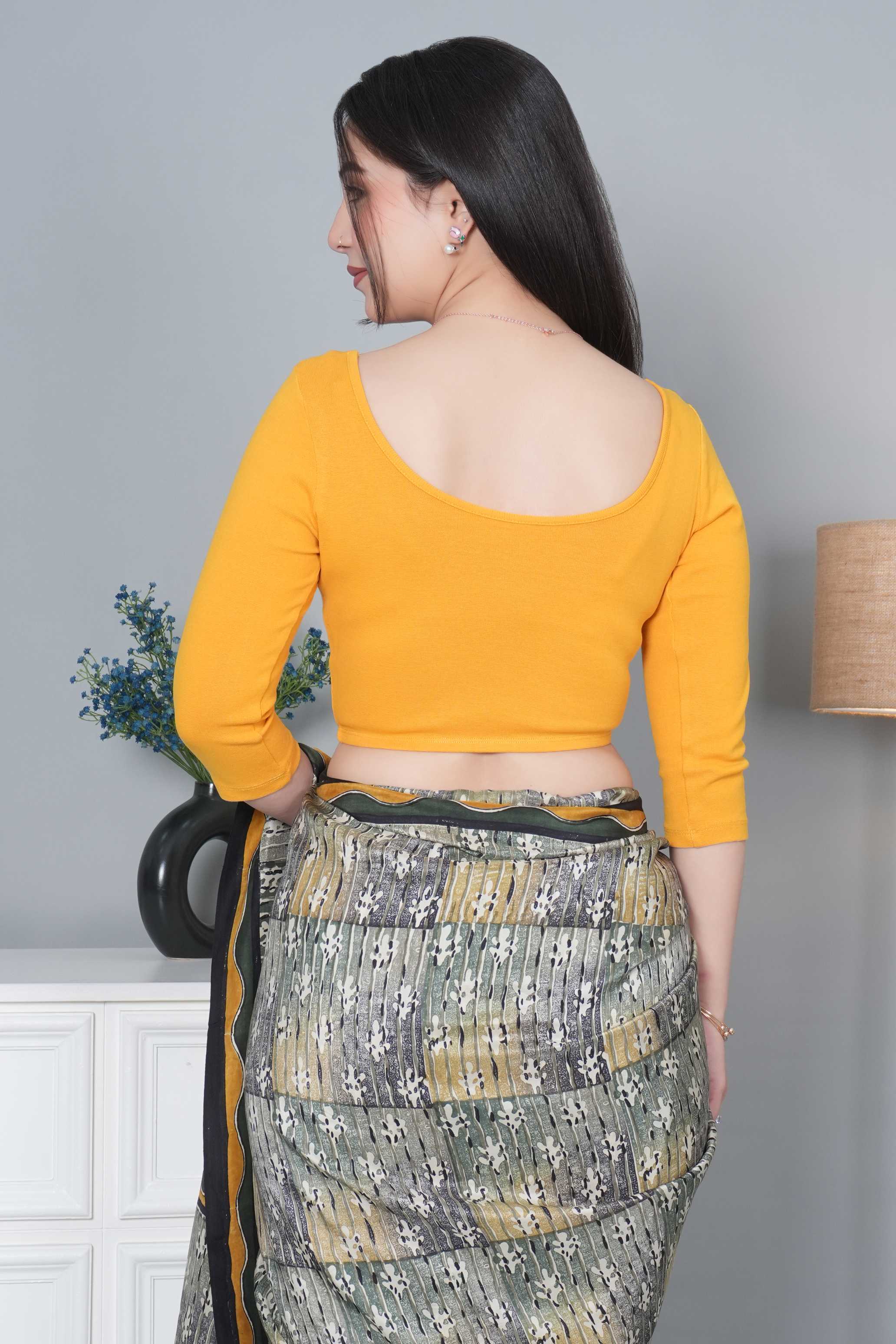 Mustard Rib V Neck 3/4 Sleeve Blouse [ 100% USA HQ Cotton, 280 GSM non transparent fabric ]