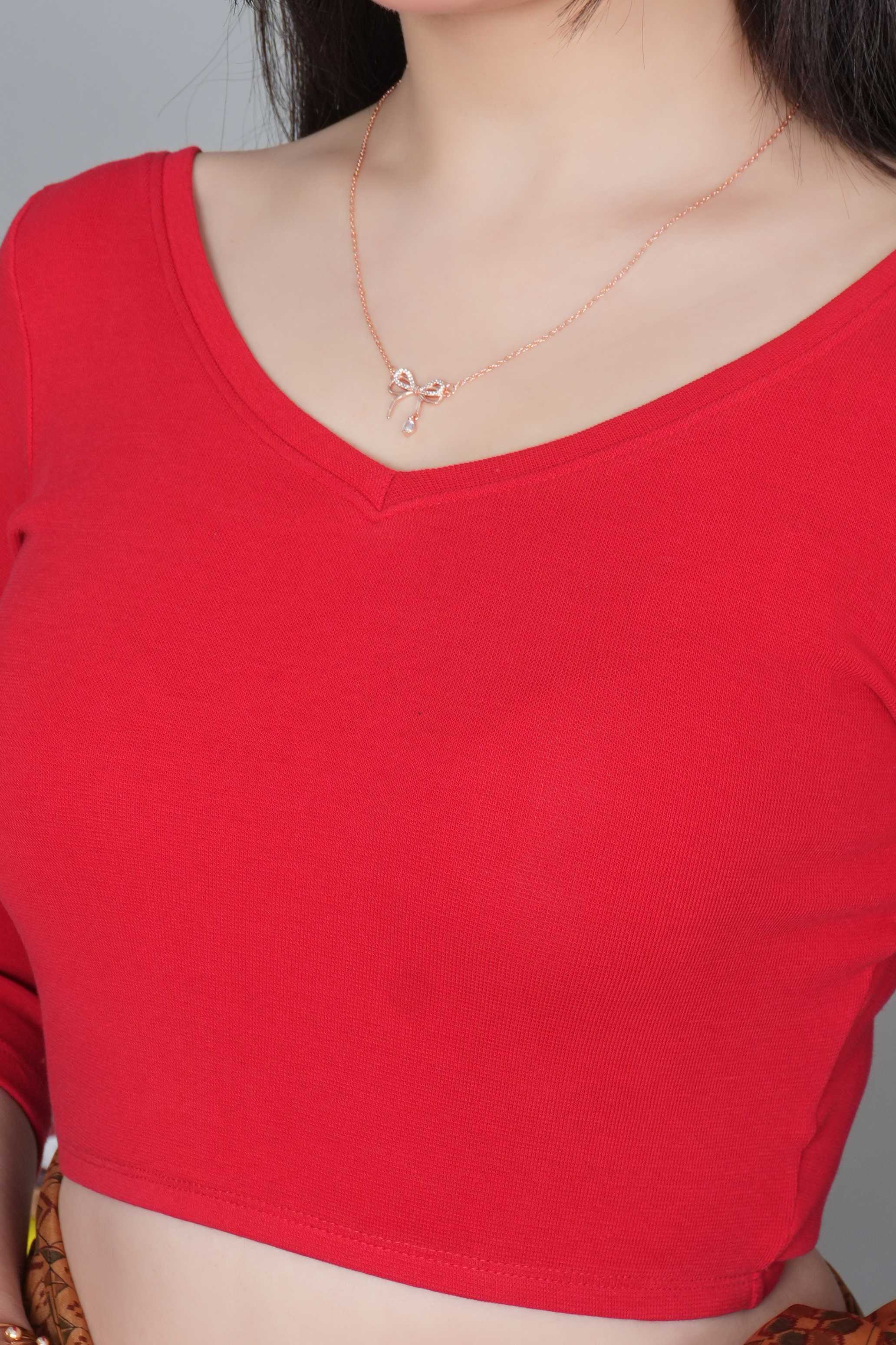 Red Rib V Neck 3/4 Sleeve Blouse [ 100% USA HQ Cotton, 280 GSM non transparent fabric ]