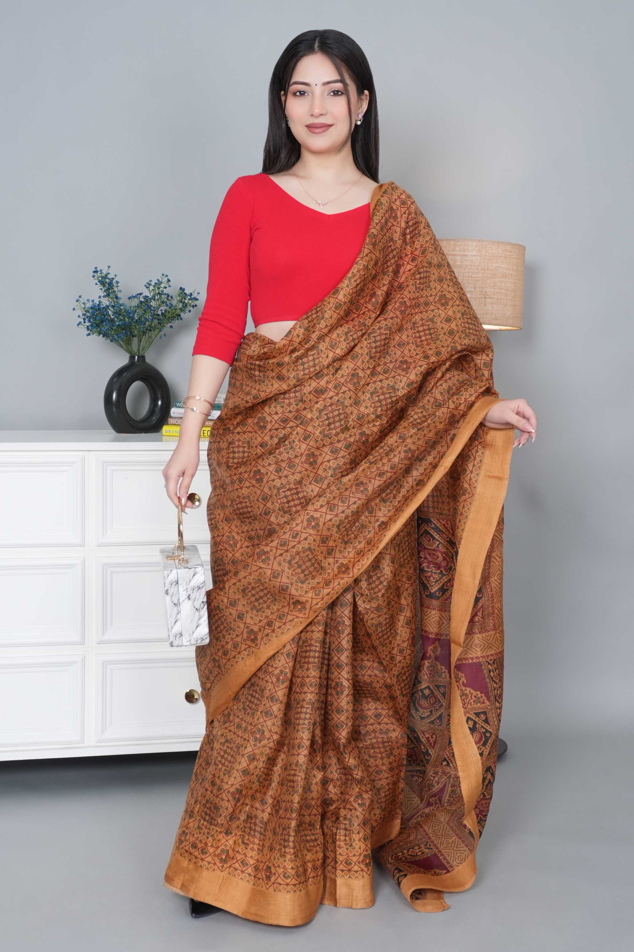 Red Rib V Neck 3/4 Sleeve Blouse [ 100% USA HQ Cotton, 280 GSM non transparent fabric ]