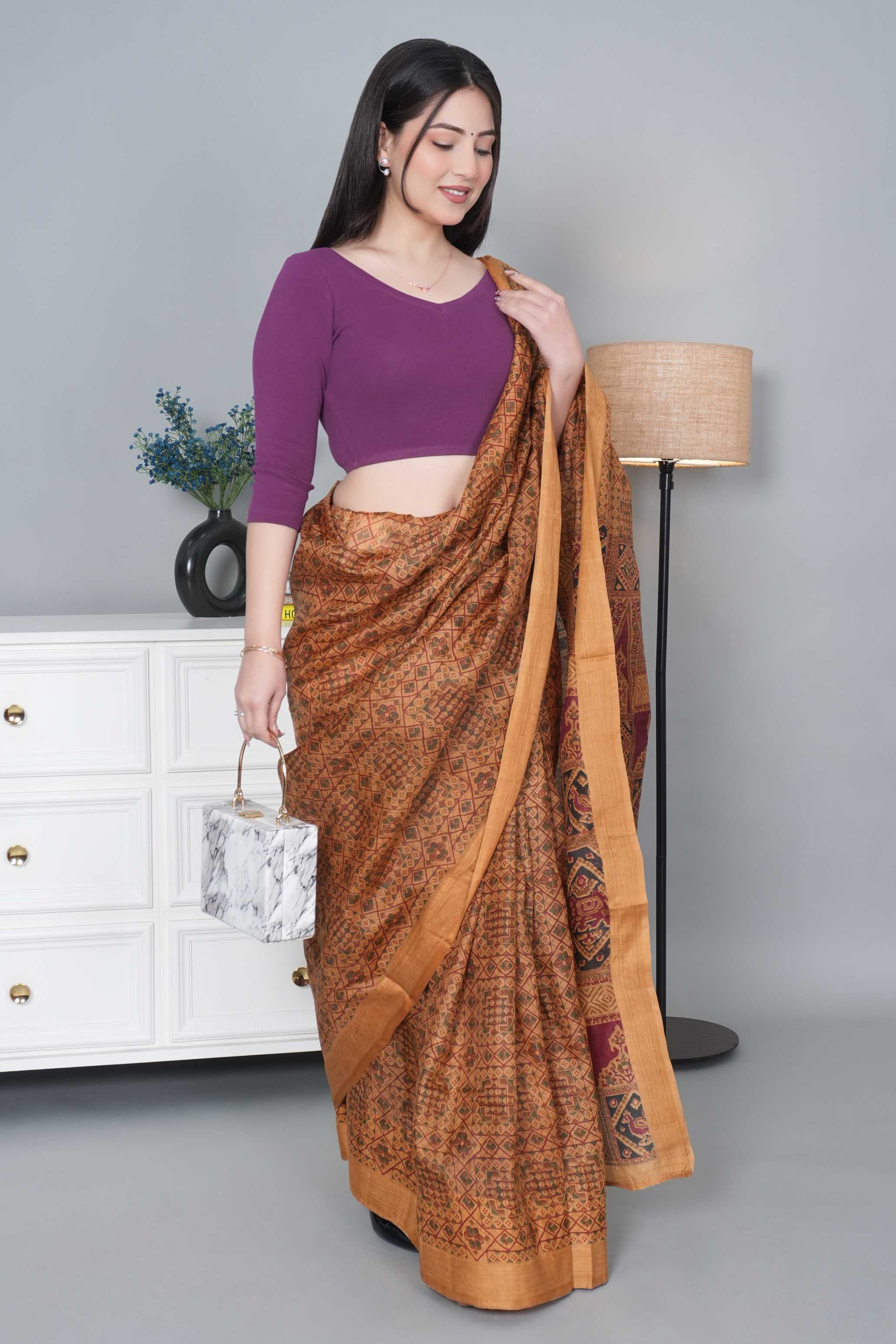 Purple Rib V Neck 3/4 Sleeve Blouse [ 100% USA HQ Cotton, 280 GSM non transparent fabric ]