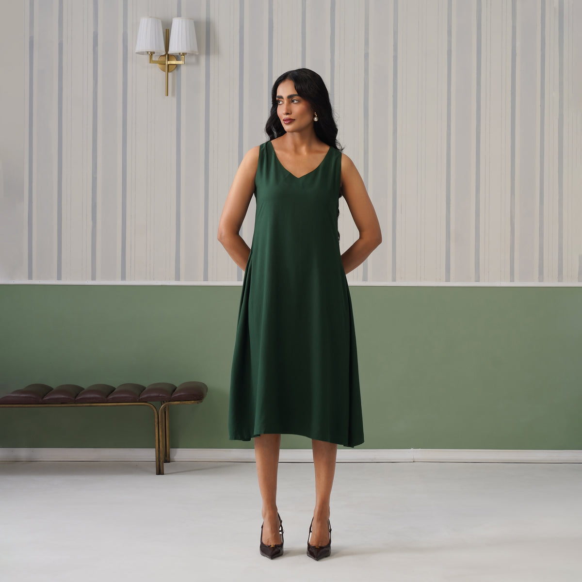 Bottle Green rayon line dress with pocket [ Premium 100% Rayon, Liva Certified ]