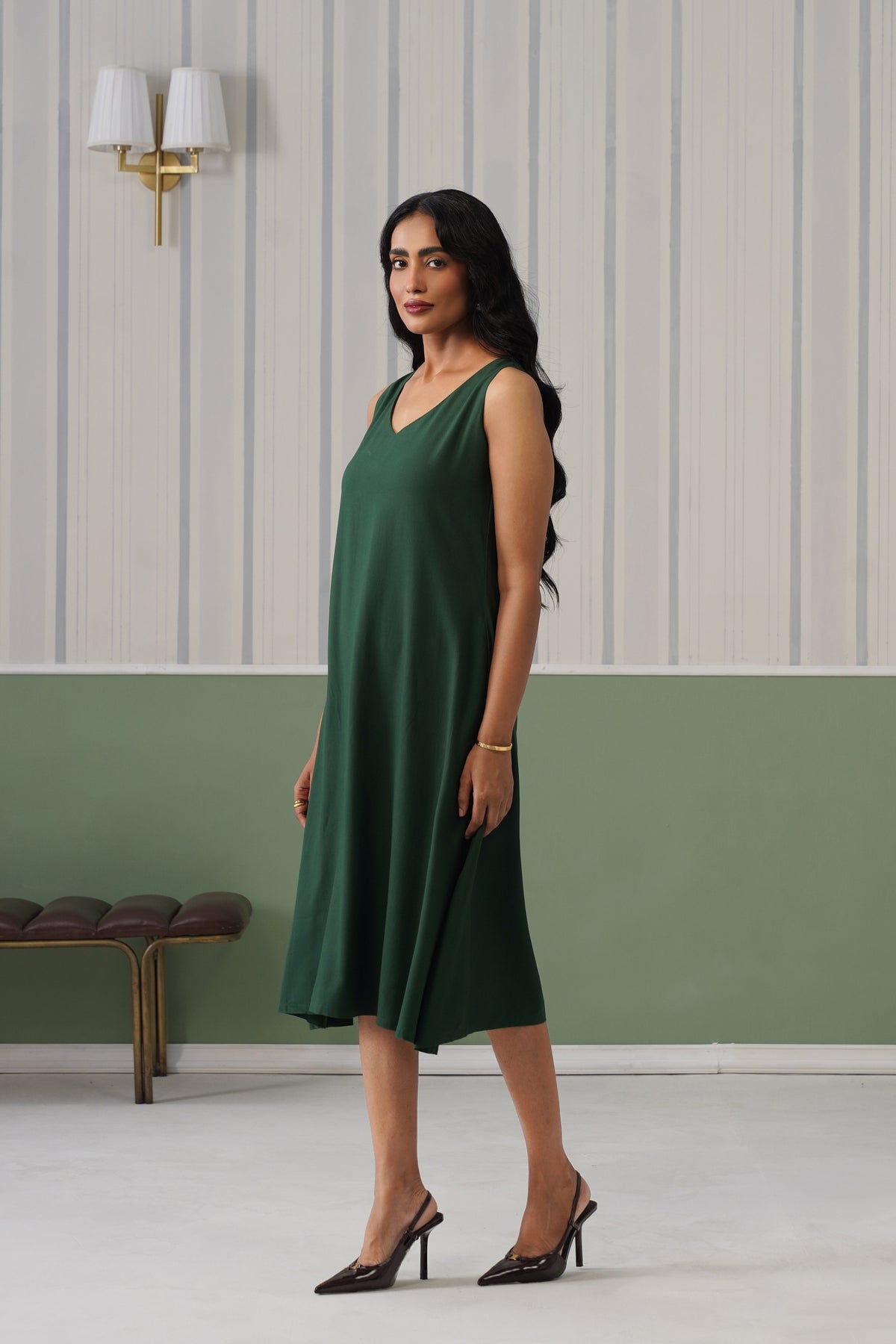 Bottle Green rayon line dress with pocket [ Premium 100% Rayon, Liva Certified ]