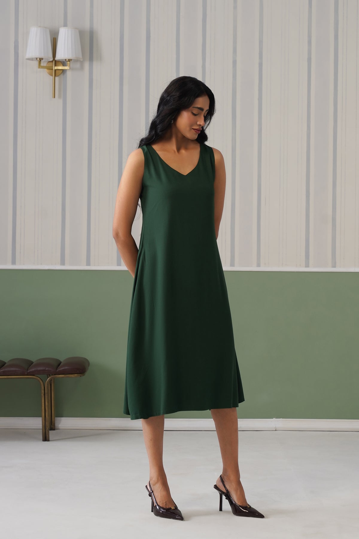 Bottle Green rayon line dress with pocket [ Premium 100% Rayon, Liva Certified ]