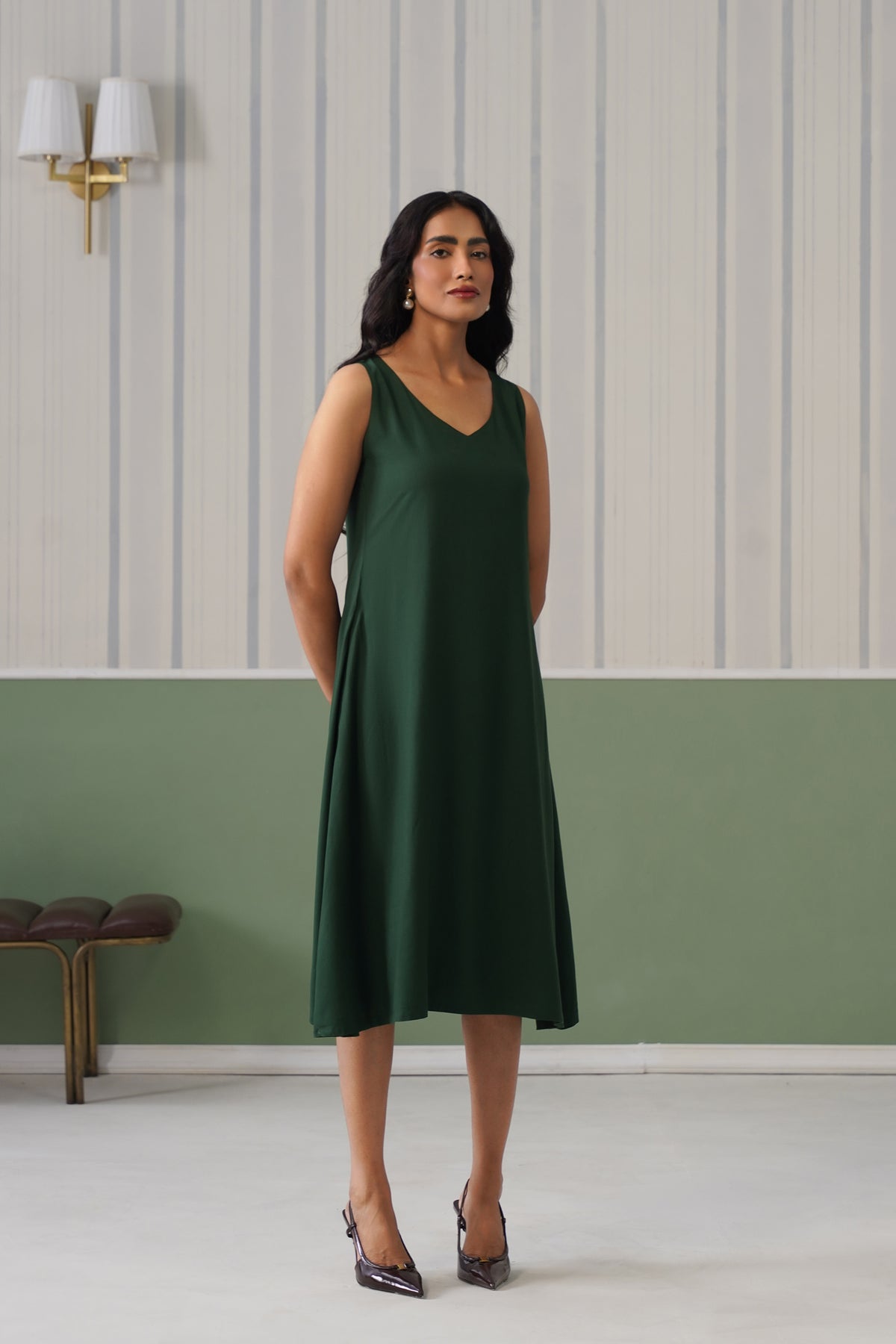 Bottle Green rayon line dress with pocket [ Premium 100% Rayon, Liva Certified ]