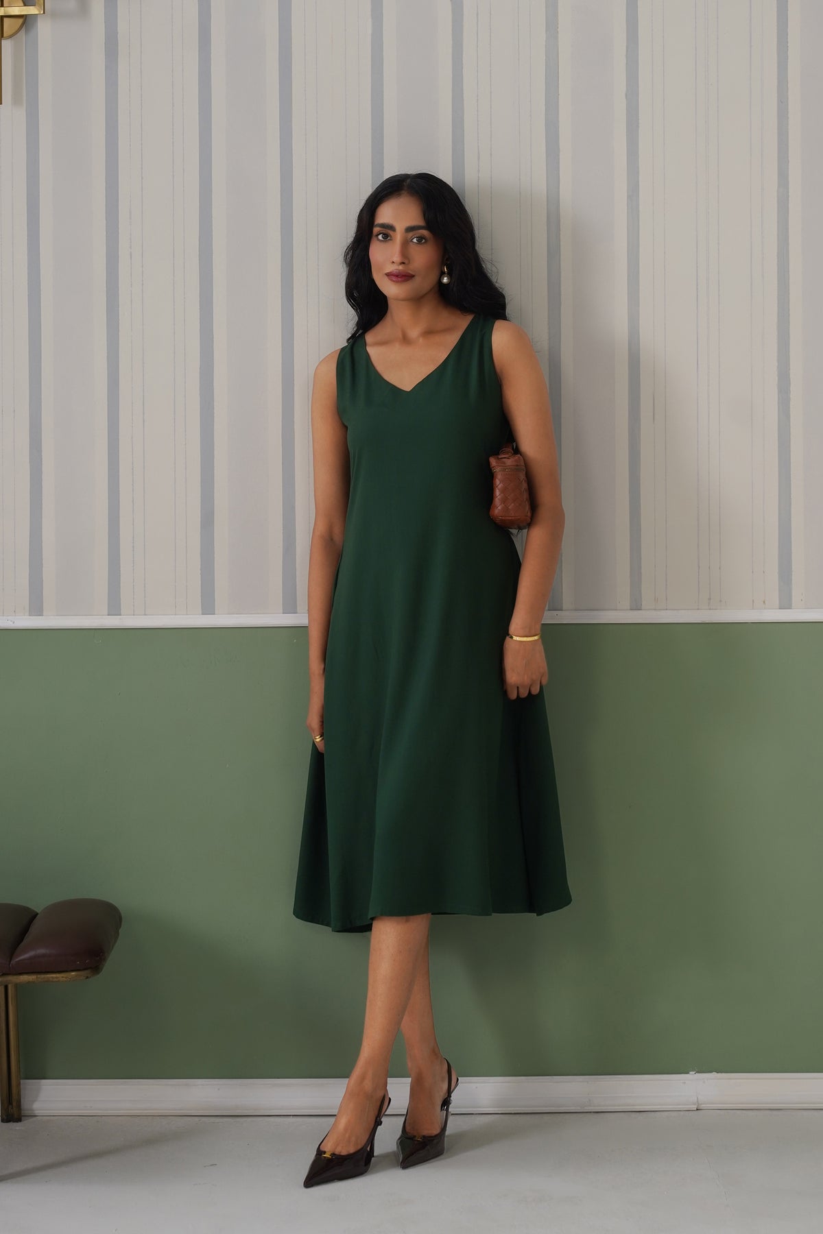Bottle Green rayon line dress with pocket [ Premium 100% Rayon, Liva Certified ]