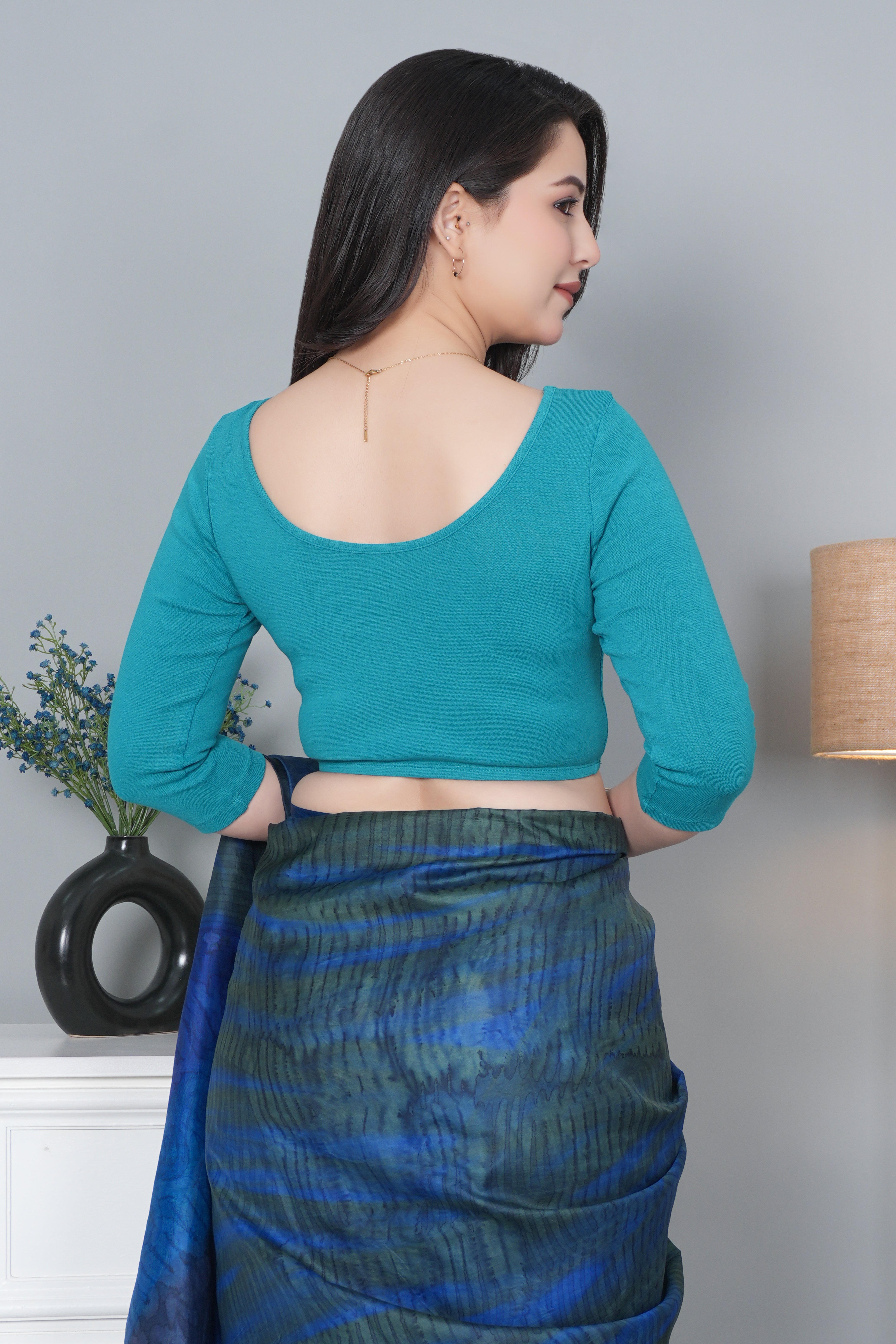 Rama Green Rib V Neck 3/4 Sleeve Blouse [ 100% USA HQ Cotton, 280 GSM non transparent fabric ]