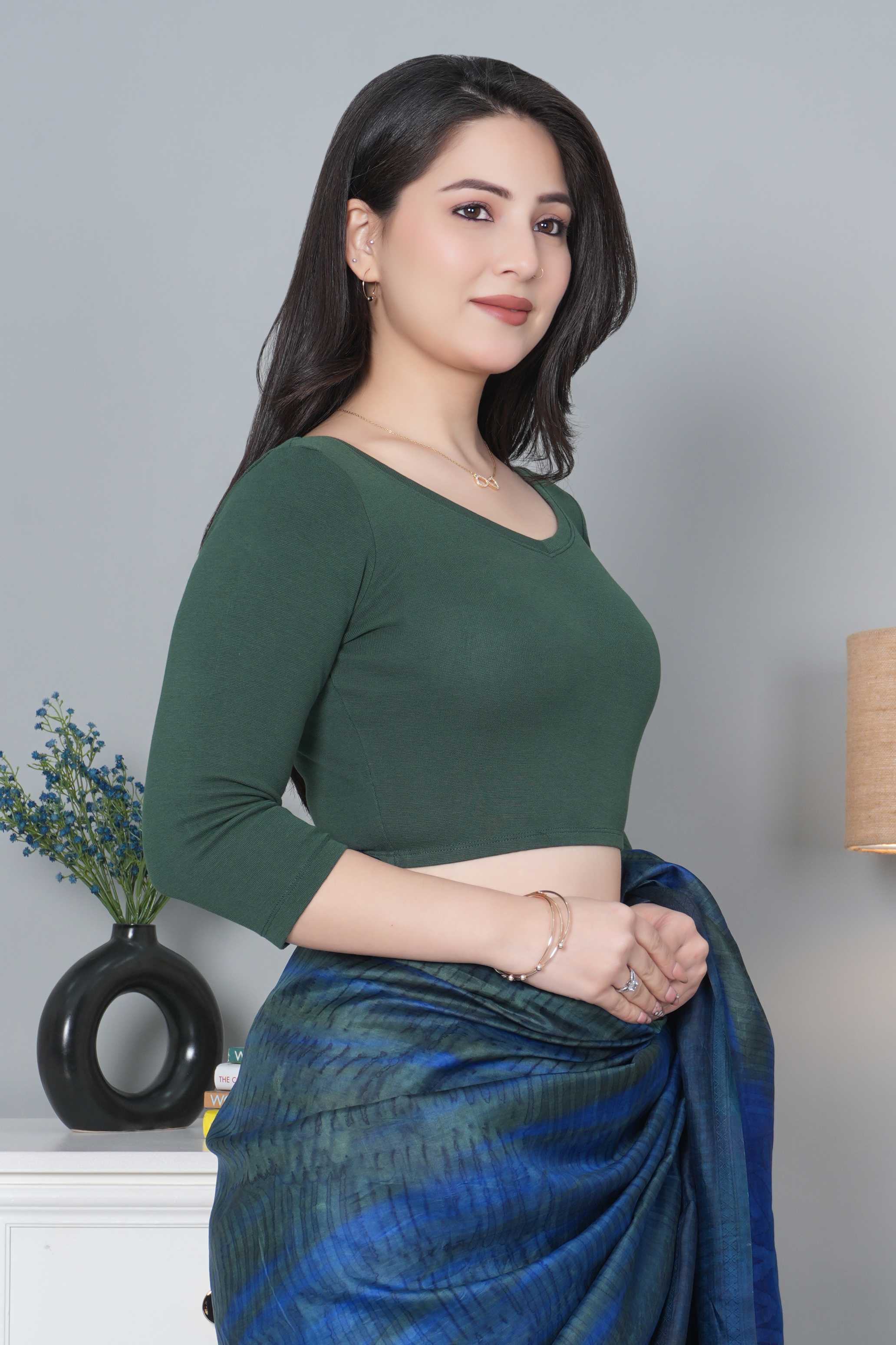 Bottle Green Rib V Neck 3/4 Sleeve Blouse [ 100% USA HQ Cotton, 280 GSM non transparent fabric ]