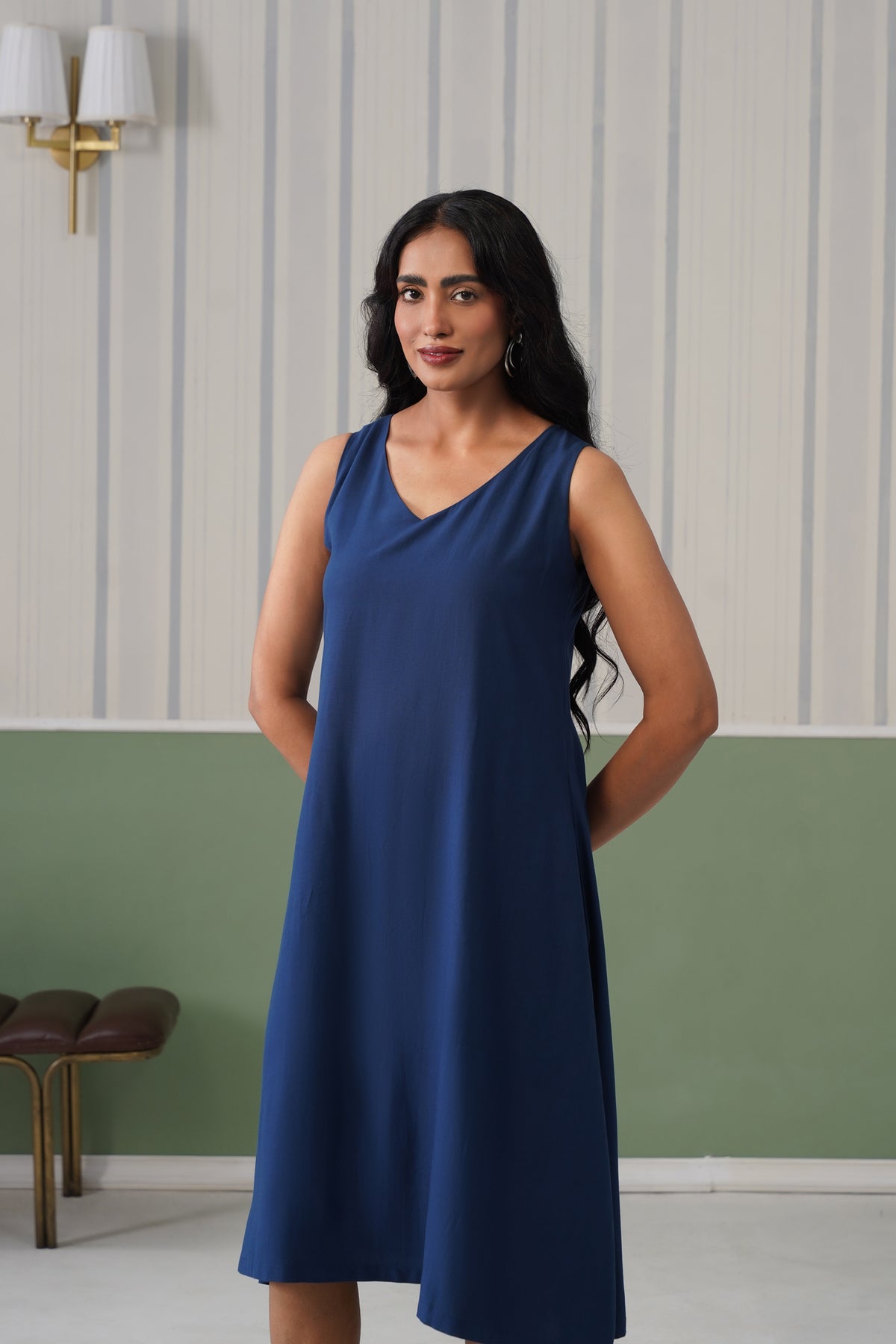 Indigo blue rayon line dress with pocket [ Premium 100% Rayon, Liva Certified ]