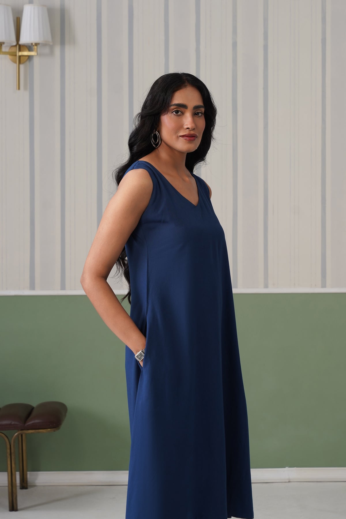 Indigo blue rayon line dress with pocket [ Premium 100% Rayon, Liva Certified ]