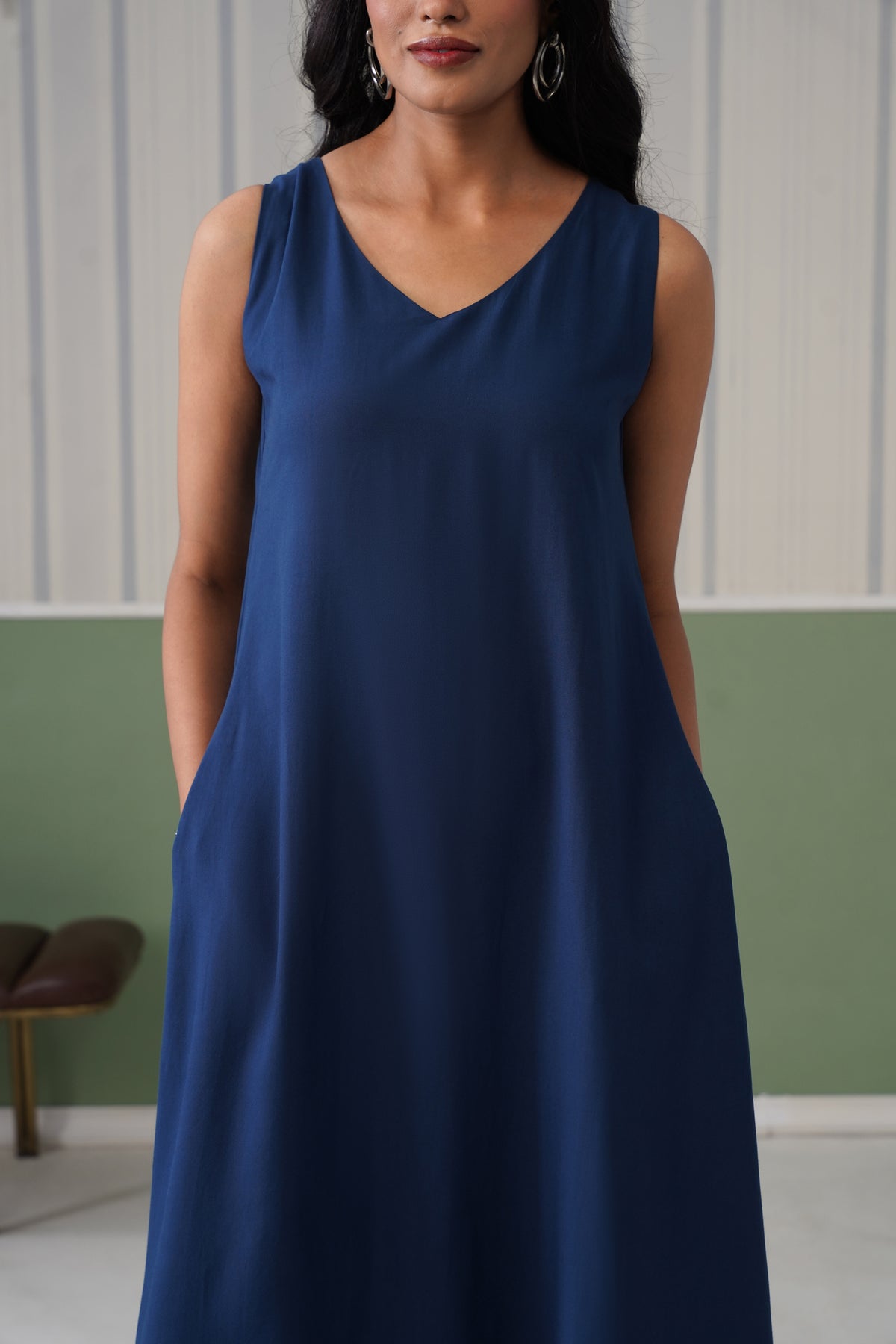 Indigo blue rayon line dress with pocket [ Premium 100% Rayon, Liva Certified ]