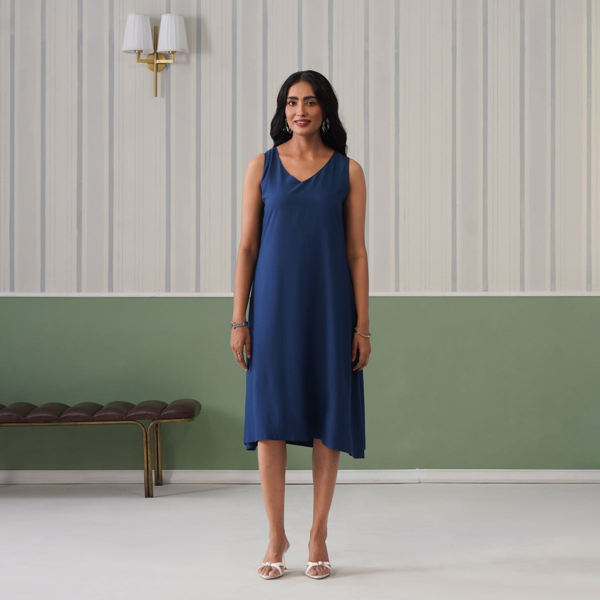 Indigo blue rayon line dress with pocket [ Premium 100% Rayon, Liva Certified ]