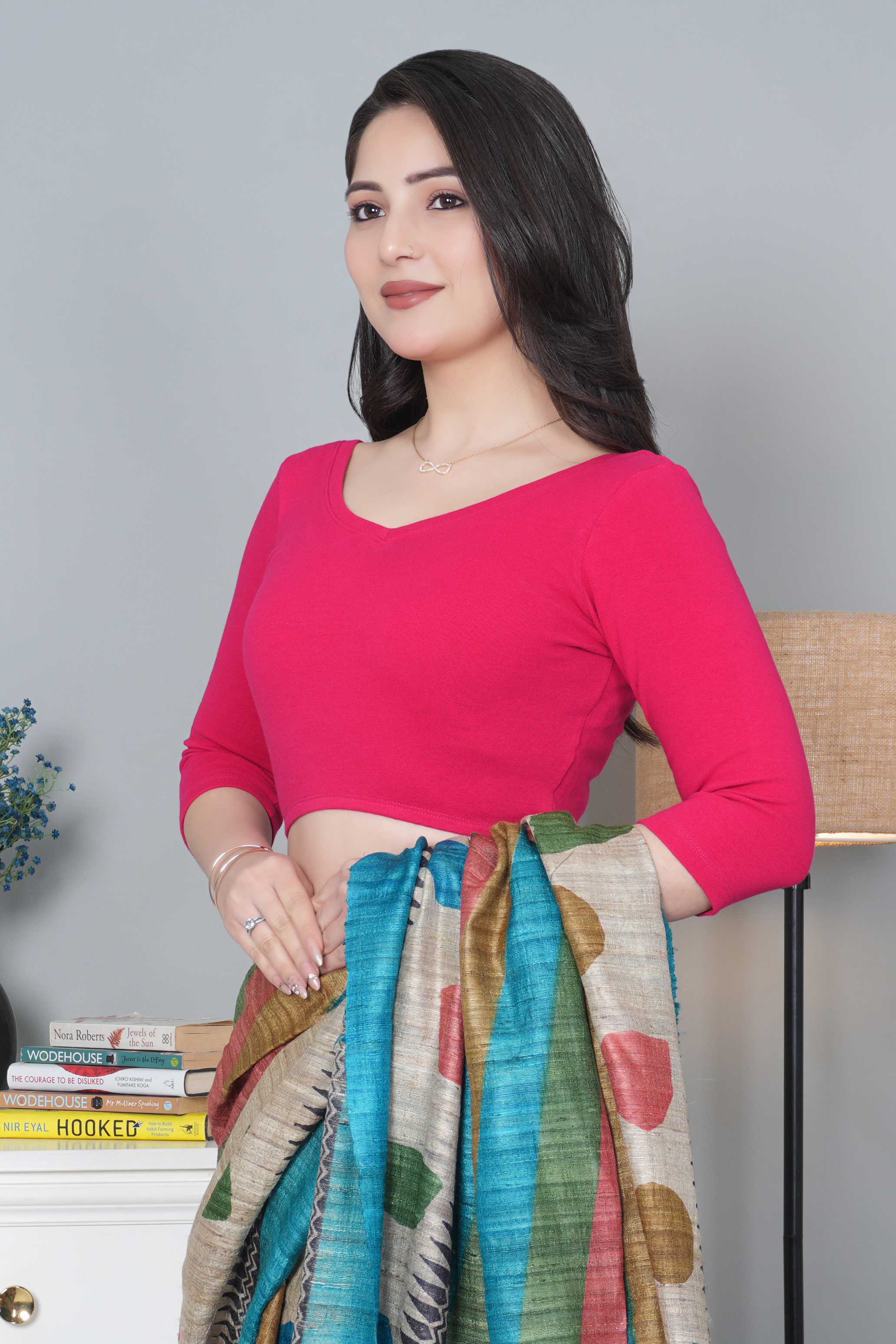 Fuchsia Rib V Neck 3/4 Sleeve Blouse [ 100% USA HQ Cotton, 280 GSM non transparent fabric ]