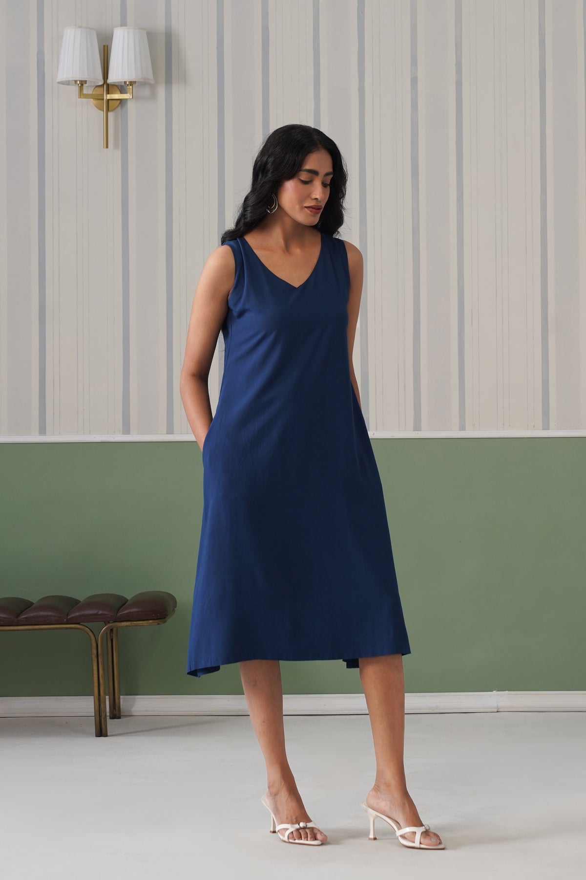 Indigo blue rayon line dress with pocket [ Premium 100% Rayon, Liva Certified ]