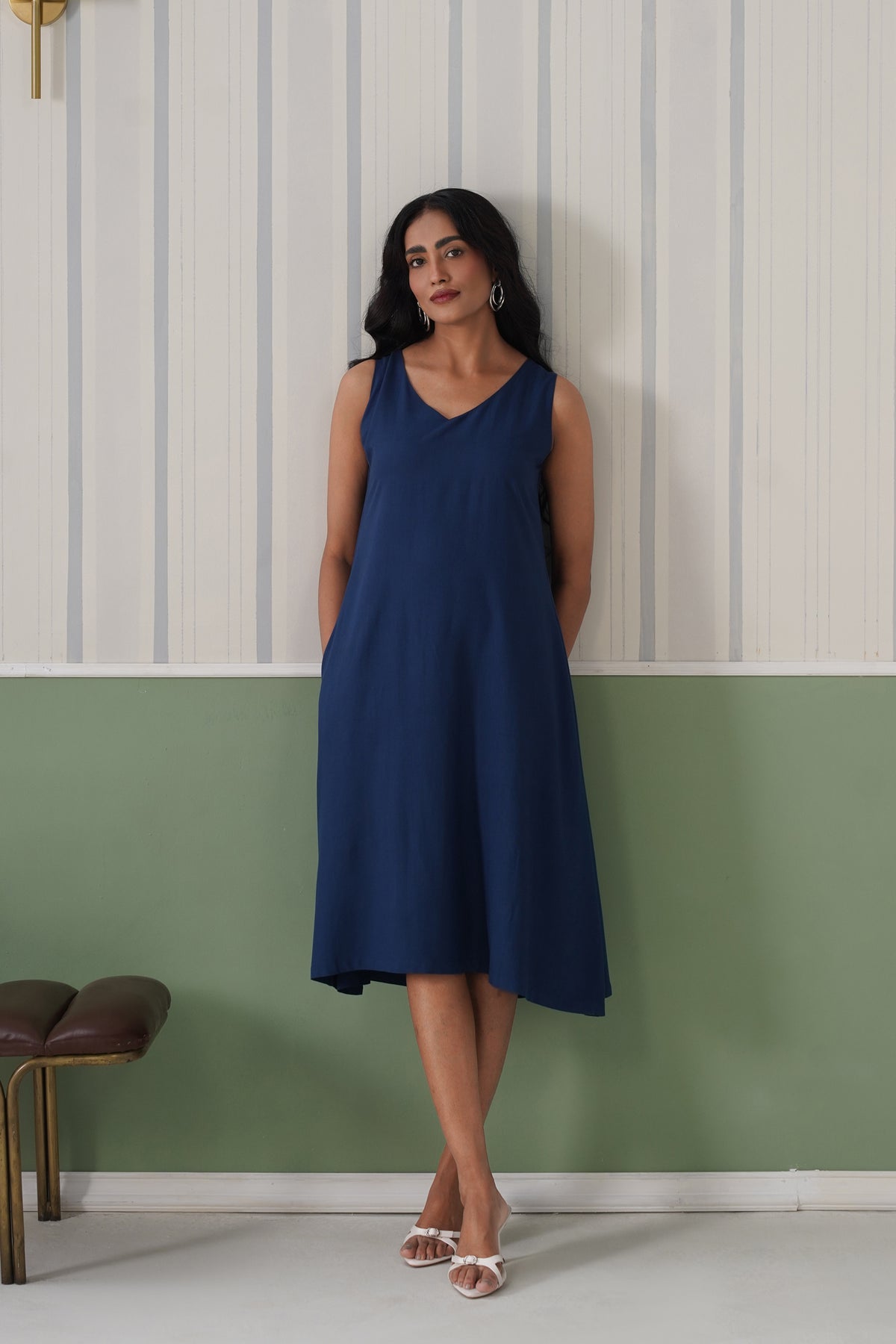 Indigo blue rayon line dress with pocket [ Premium 100% Rayon, Liva Certified ]