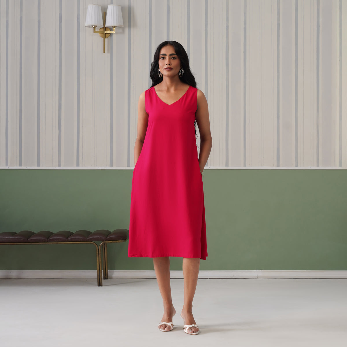Magenta rayon line dress with pocket [ Premium 100% Rayon, Liva Certified ]