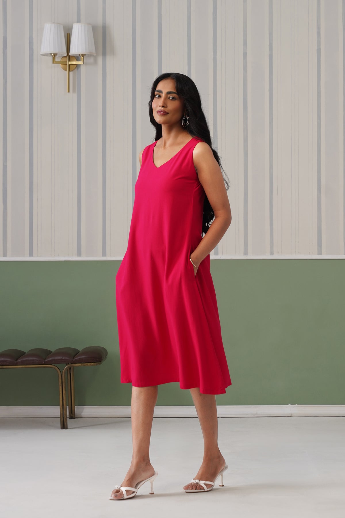 Magenta rayon line dress with pocket [ Premium 100% Rayon, Liva Certified ]