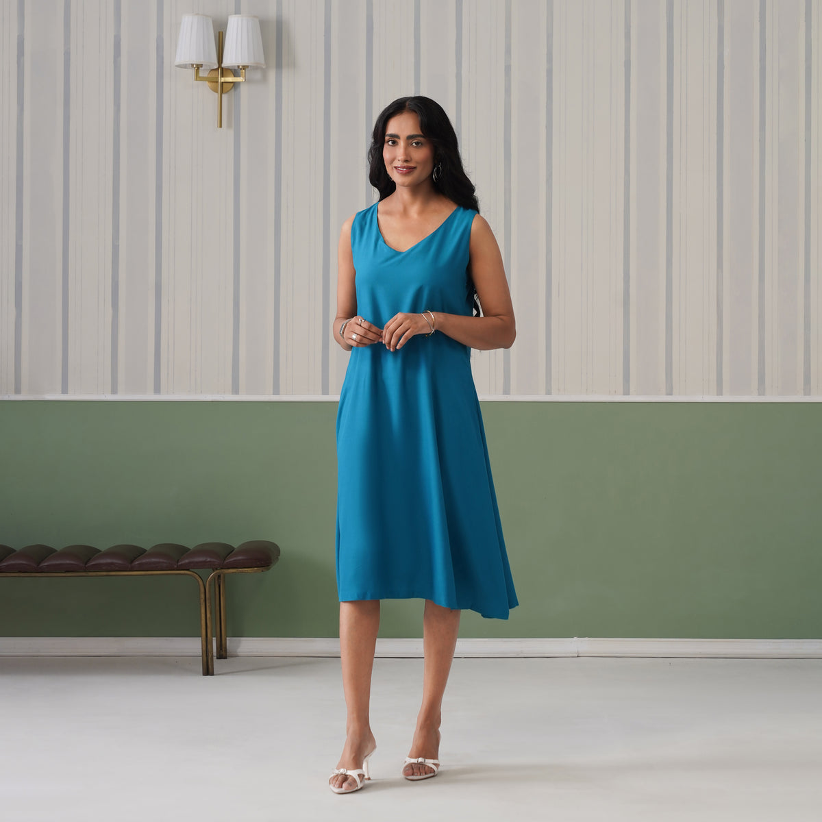 Turquoise blue rayon line dress with pocket [ Premium 100% Rayon, Liva Certified ]