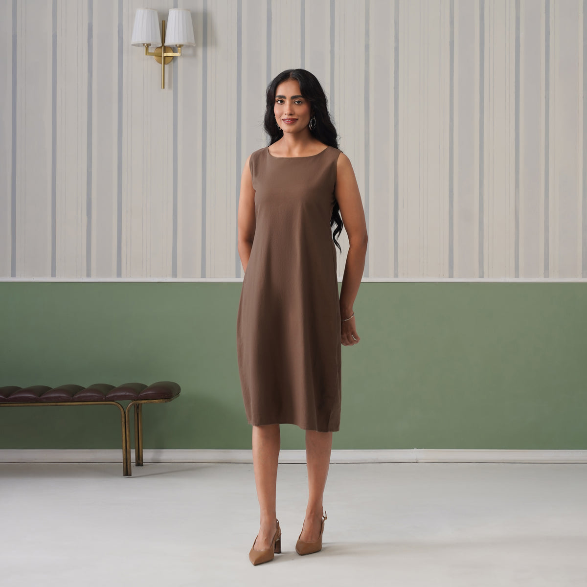 Coffee cotton midi dress [100% pure cotton]