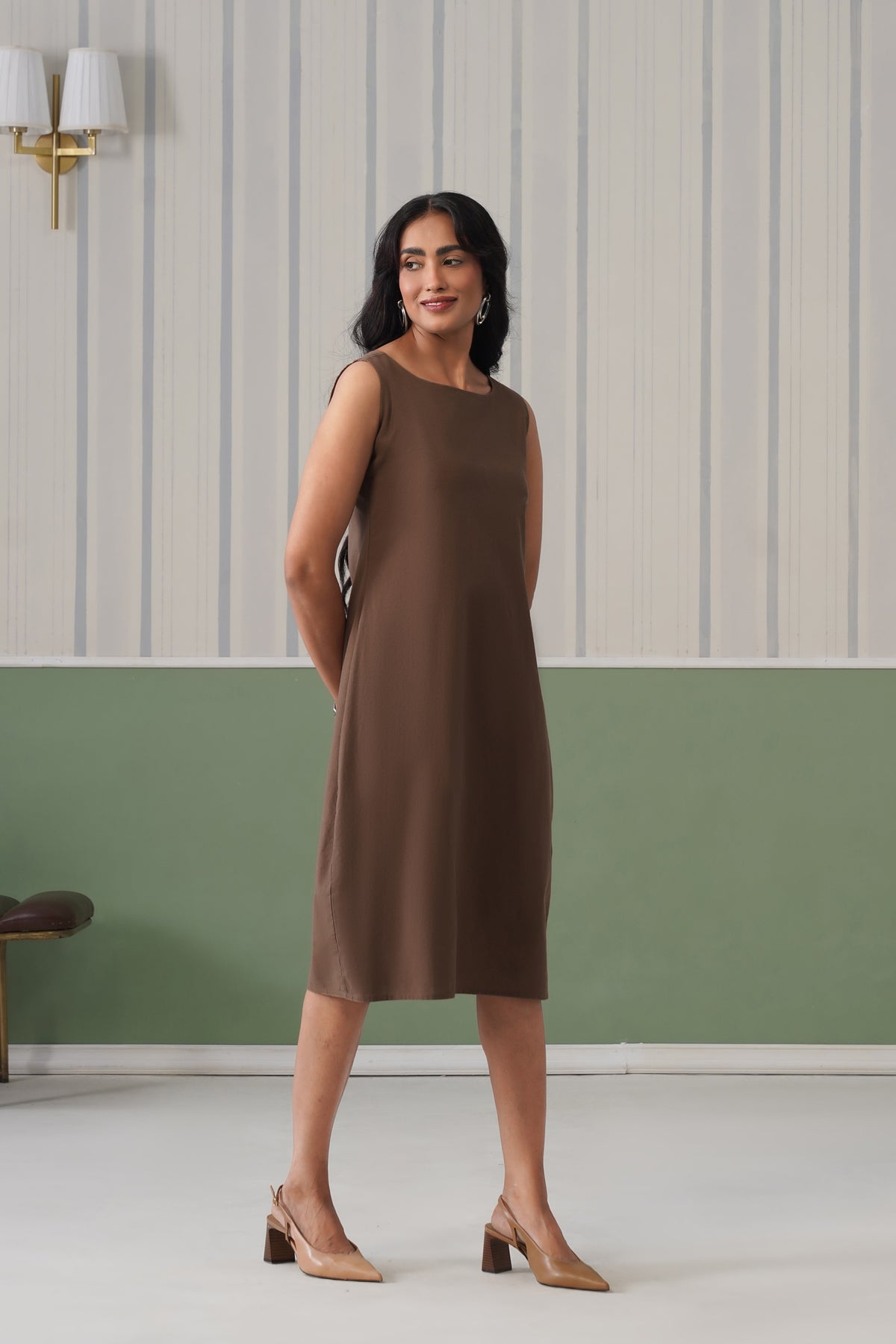 Coffee cotton midi dress [100% pure cotton]