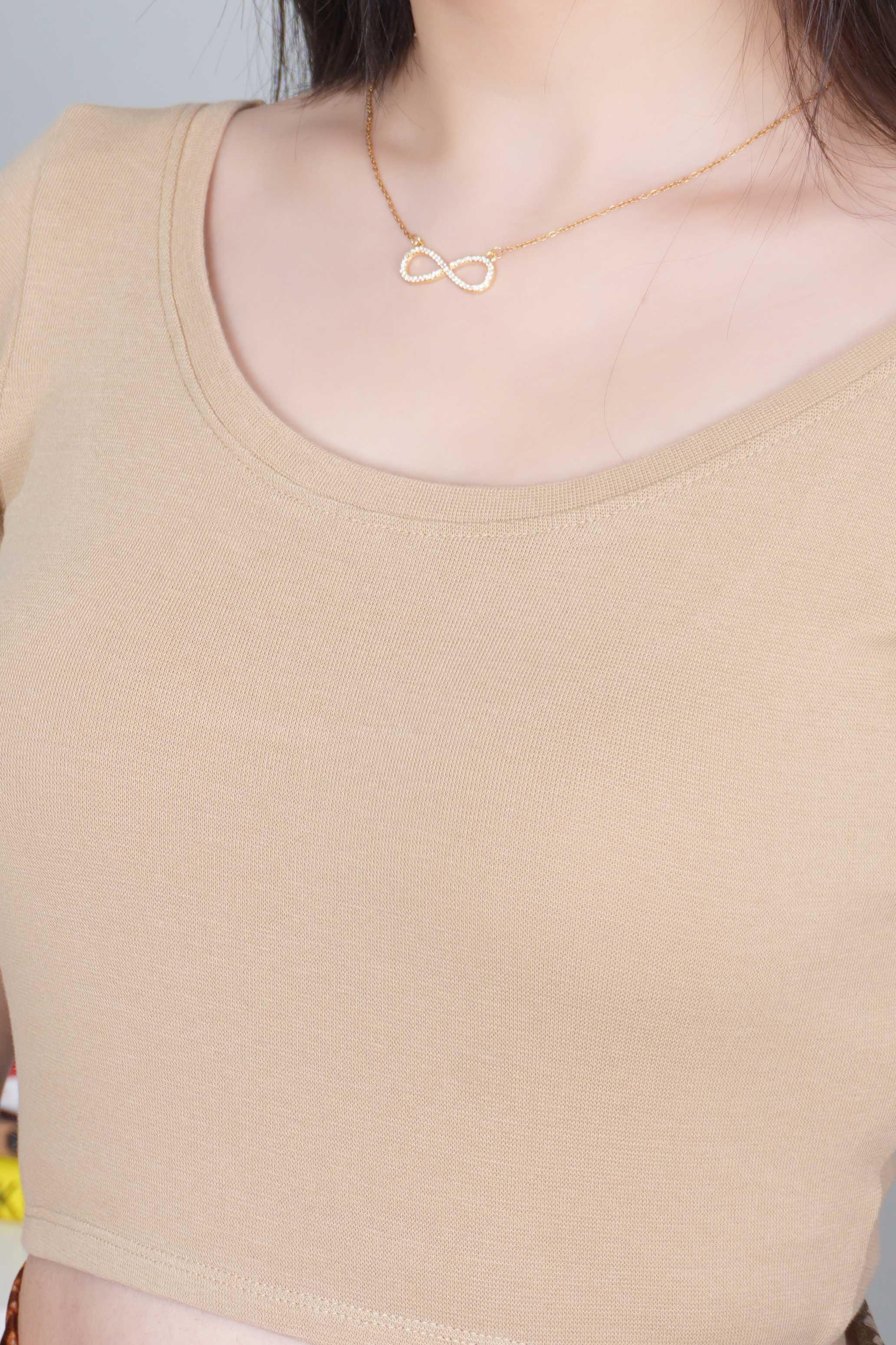 Beige Rib Roundneck Half Sleeve Blouse [ 100% USA HQ Cotton, 280 GSM non transparent fabric ]