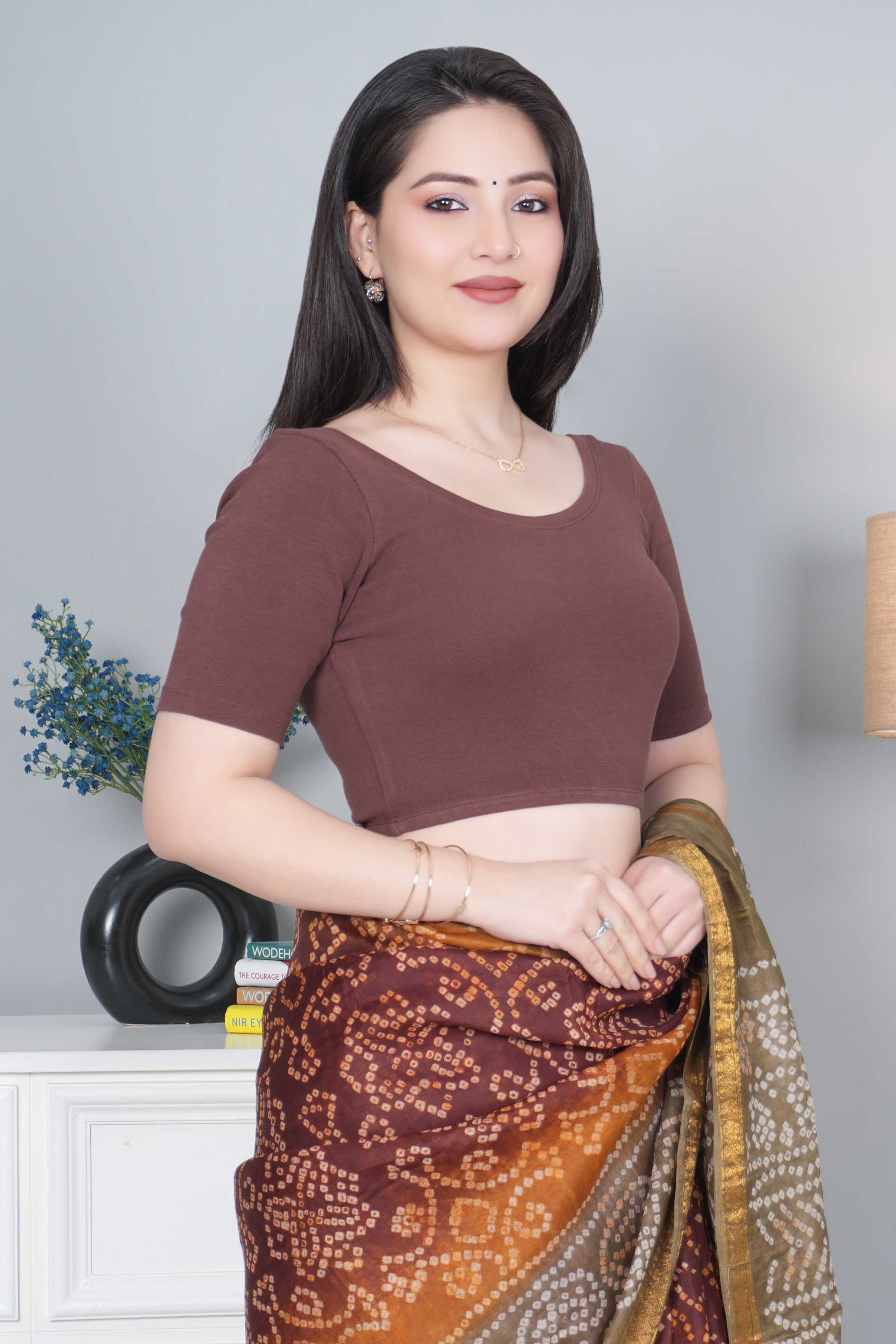 Coffee Rib Roundneck Half Sleeve Blouse [ 100% USA HQ Cotton, 280 GSM non transparent fabric ]