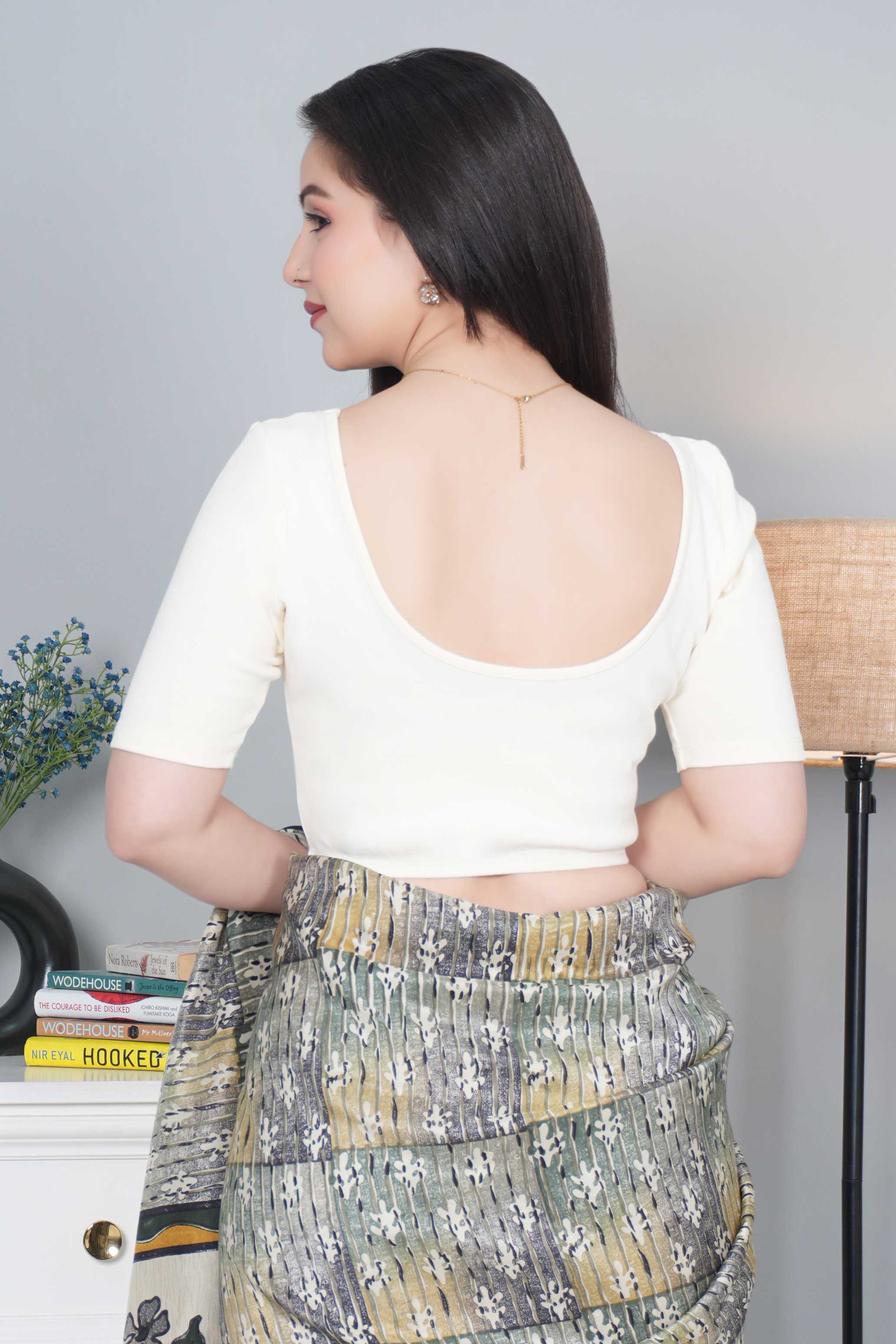 Off White Rib Roundneck Half Sleeve Blouse [ 100% USA HQ Cotton, 280 GSM non transparent fabric ]