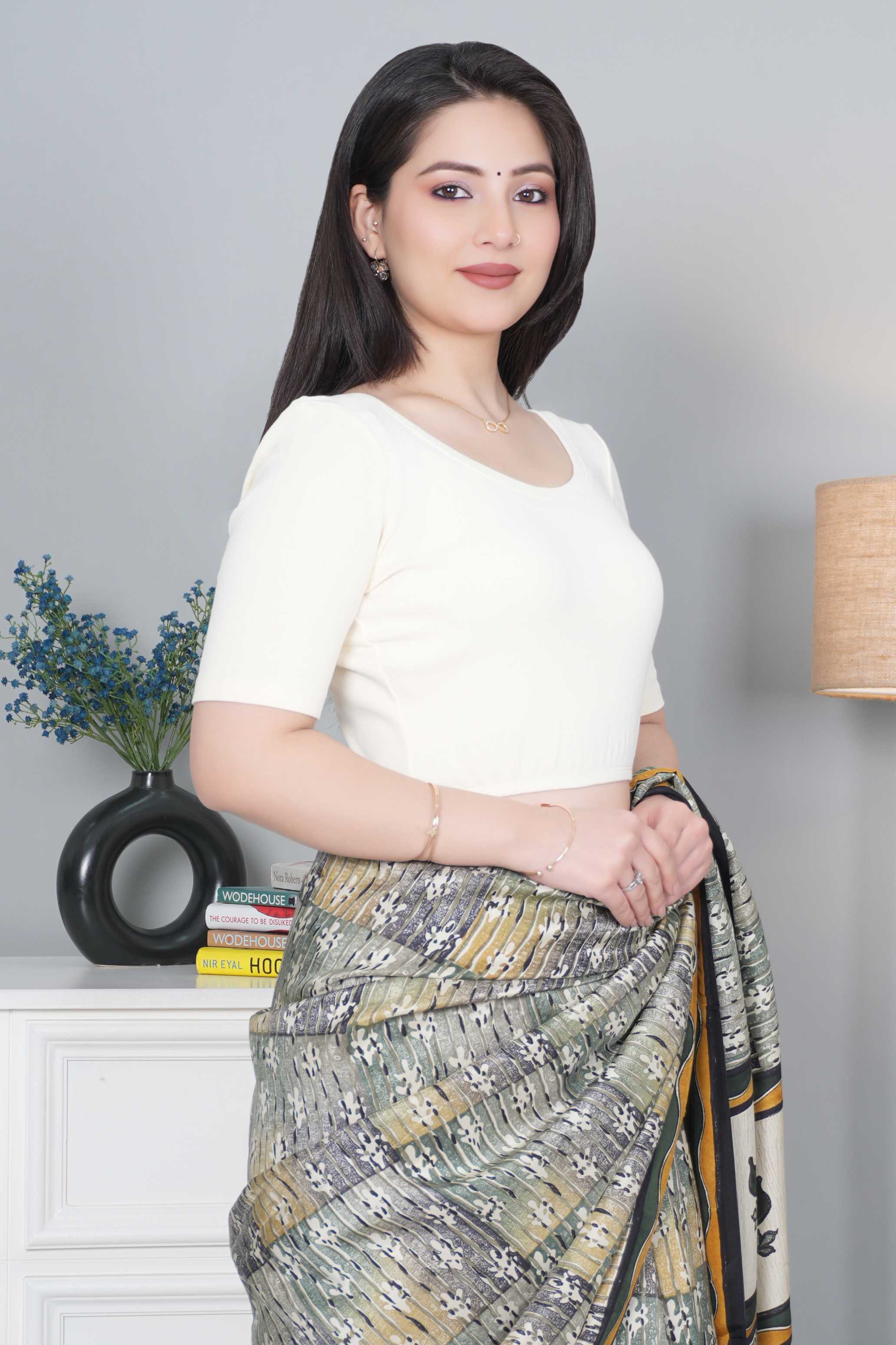 Off White Rib Roundneck Half Sleeve Blouse [ 100% USA HQ Cotton, 280 GSM non transparent fabric ]