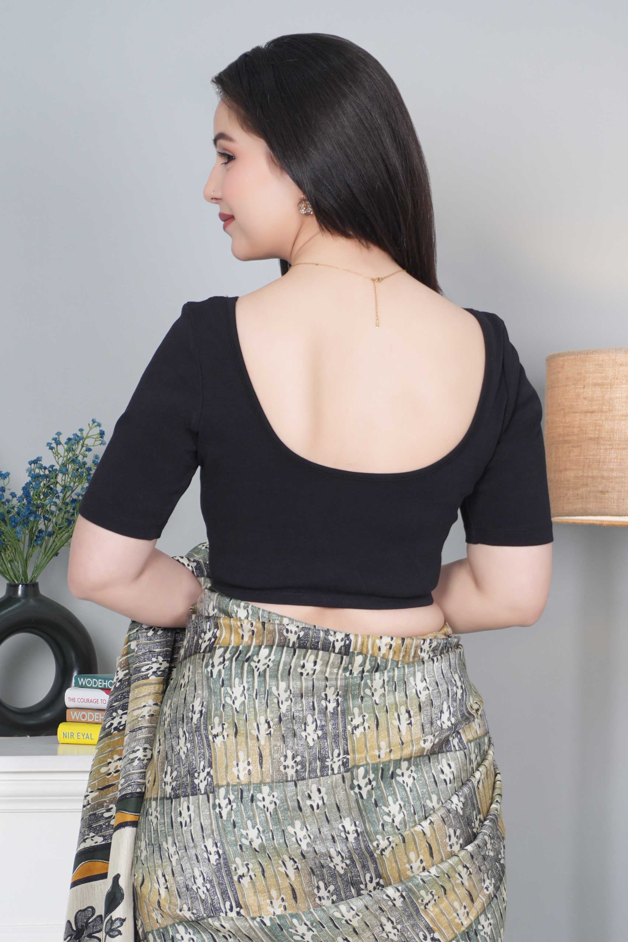 Black Rib Roundneck Half Sleeve Blouse [ 100% USA HQ Cotton, 280 GSM non transparent fabric ]