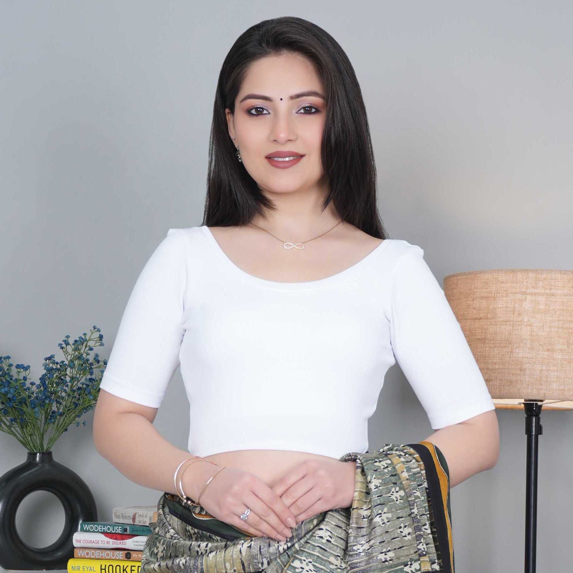 White Rib Roundneck Half Sleeve Blouse [ 100% USA HQ Cotton, 280 GSM non transparent fabric ]