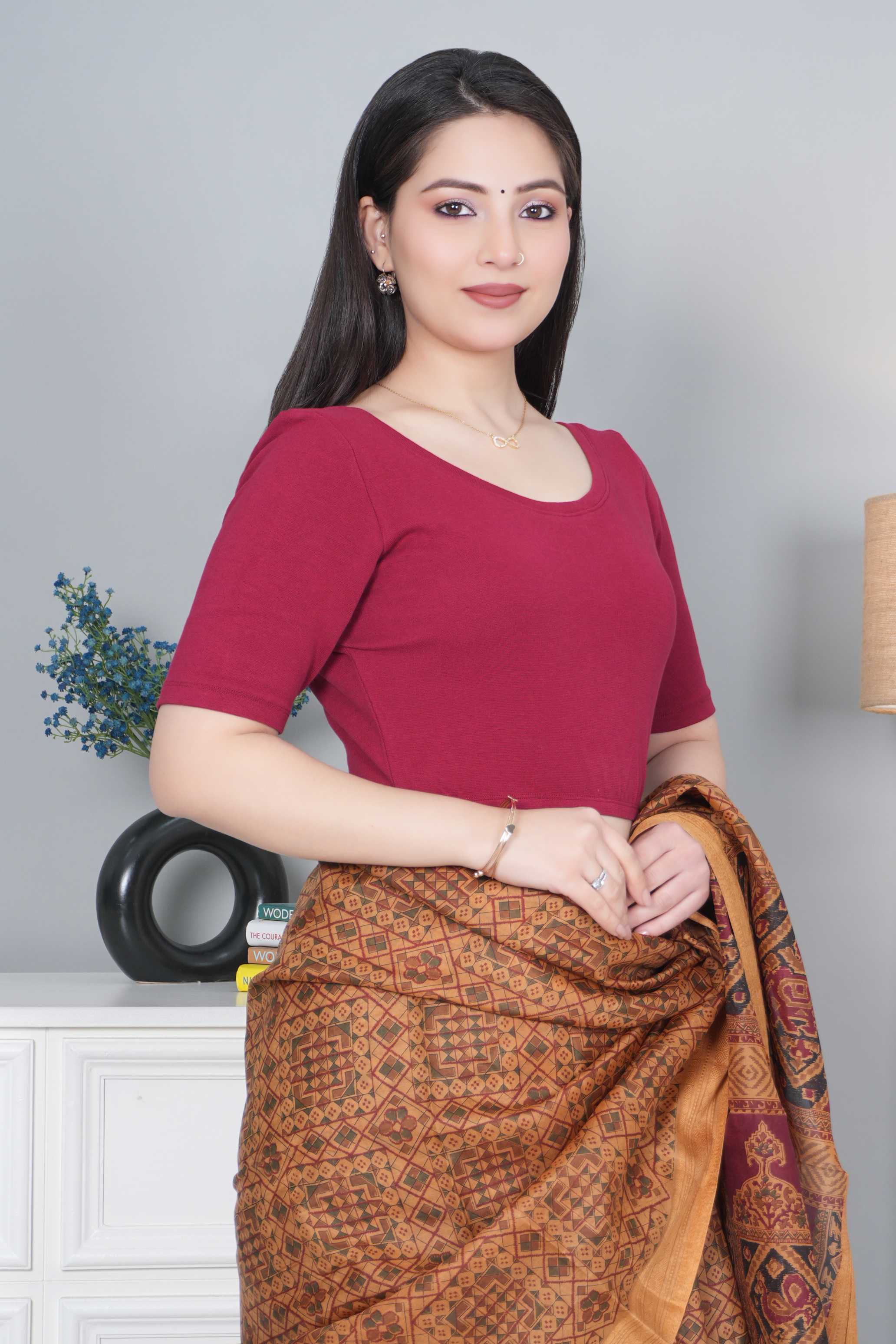 Dark Rose Rib Roundneck Half Sleeve Blouse [ 100% USA HQ Cotton, 280 GSM non transparent fabric ]