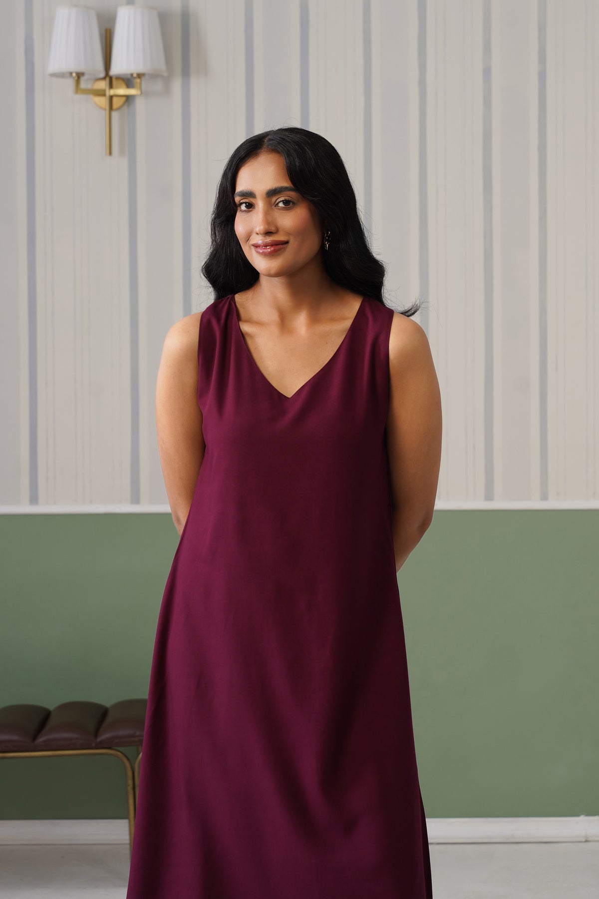 Dark purple rayon line dress with pocket [ Premium 100% Rayon, Liva Certified ]